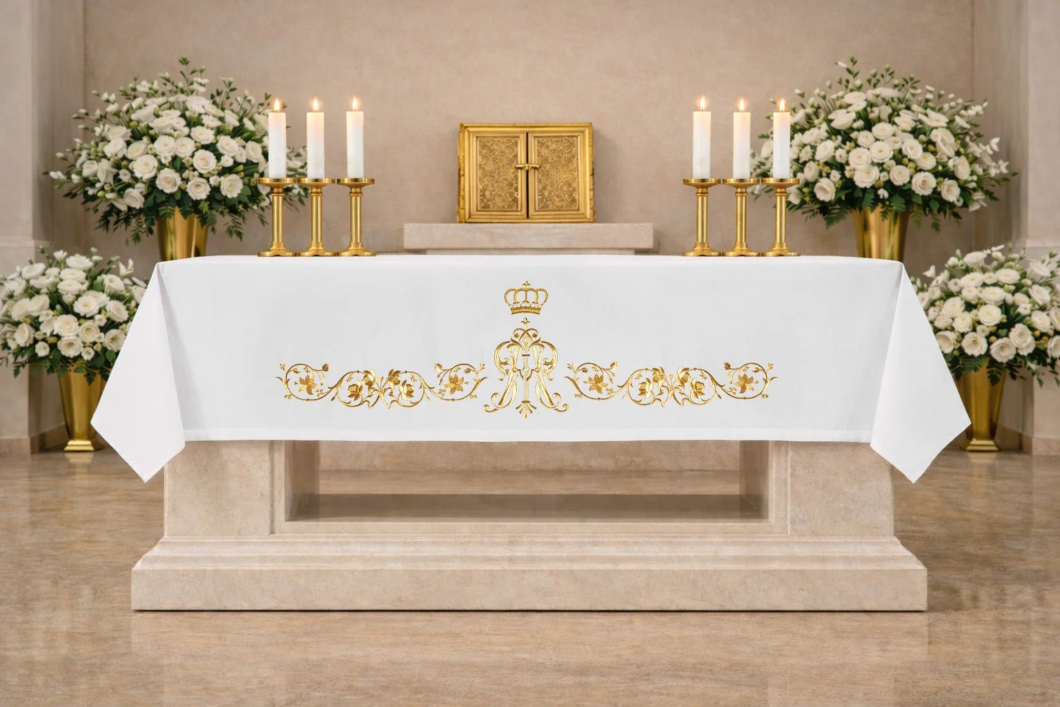 Altar cloth with an embroidered Marian symbol