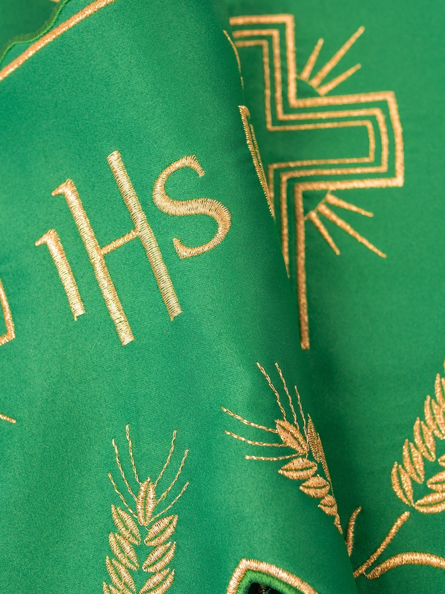 Altar superfrontal trimmings in green with gold IHS and cross embroidery - Image 2