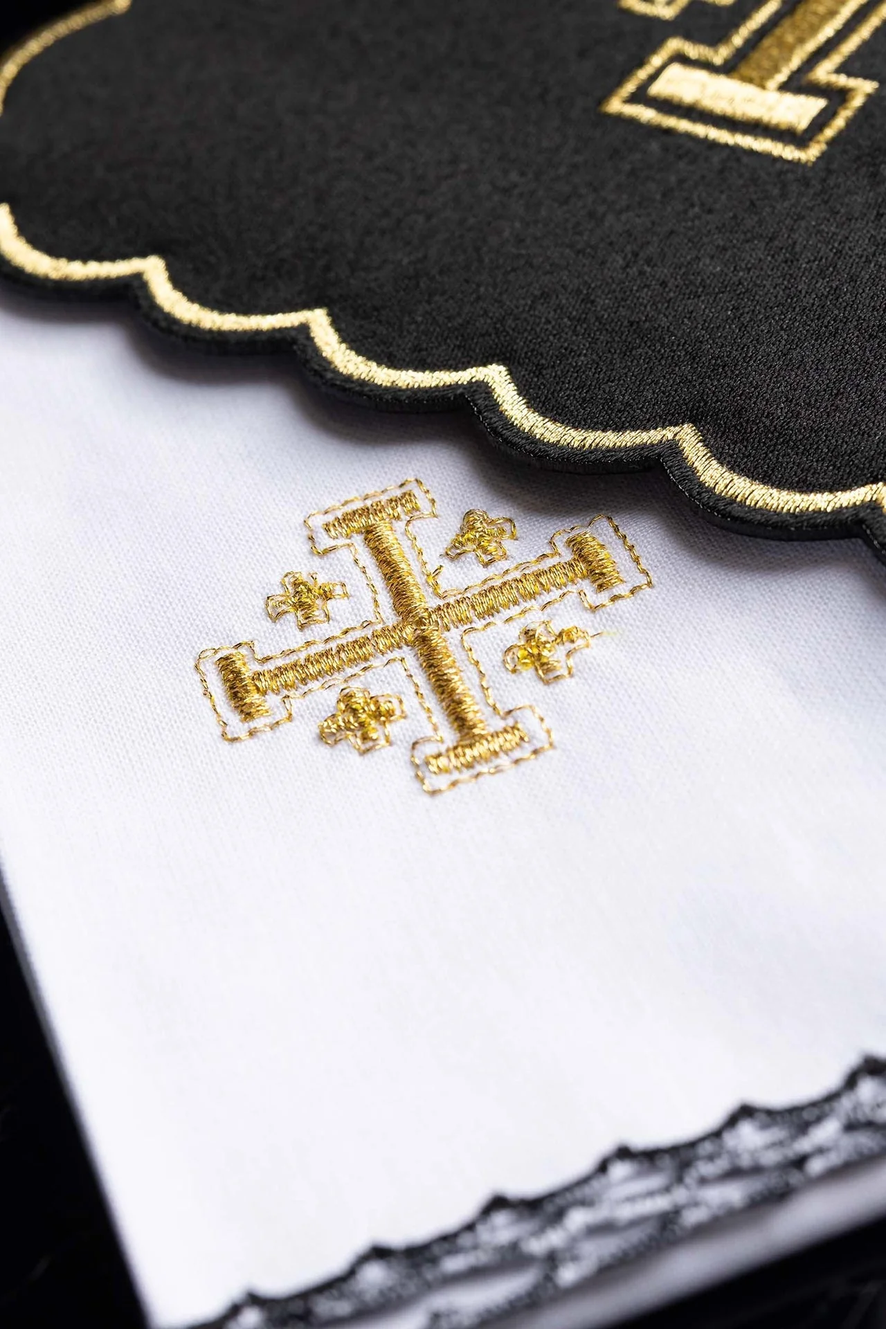 Black chalice linens set embroidered with the Jerusalem Cross - Image 5