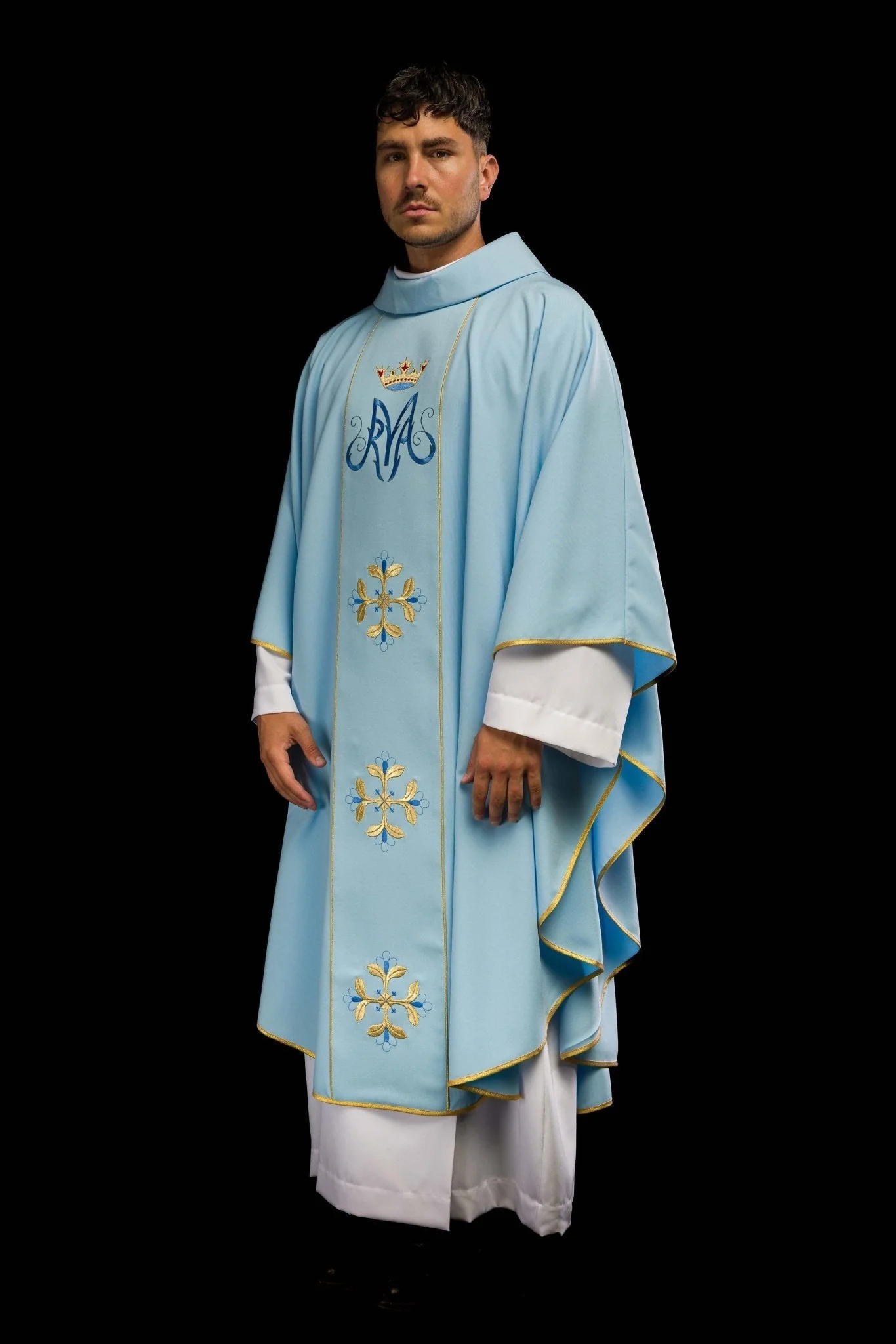 Blue liturgical chasuble with gold Marian embroidery - Image 2