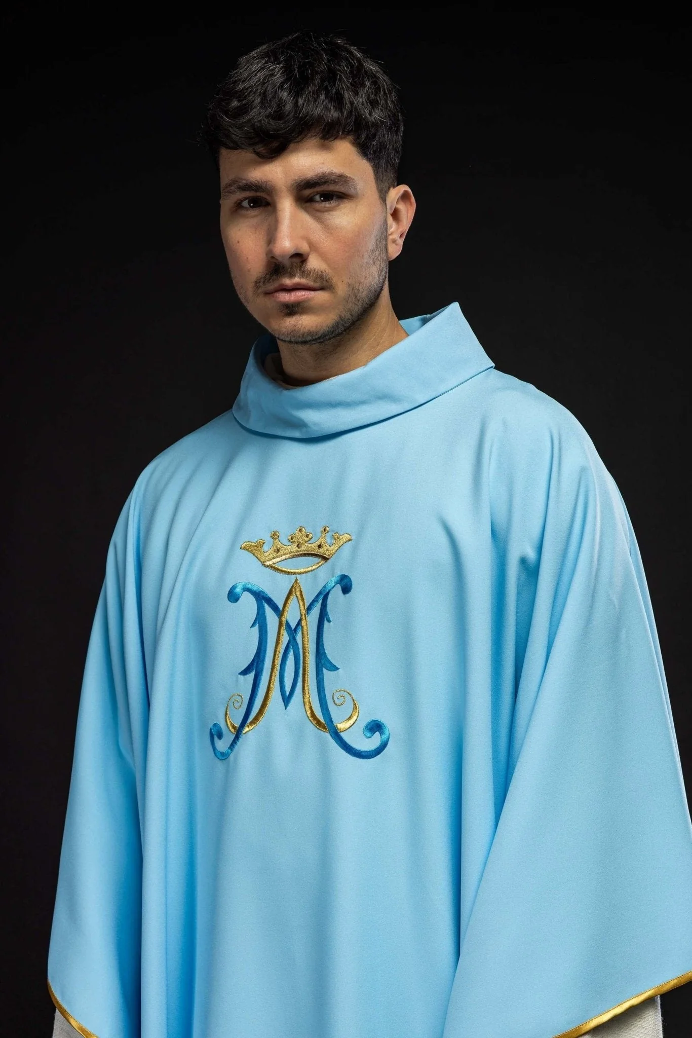 Blue chasuble embroidered with a Marian motif