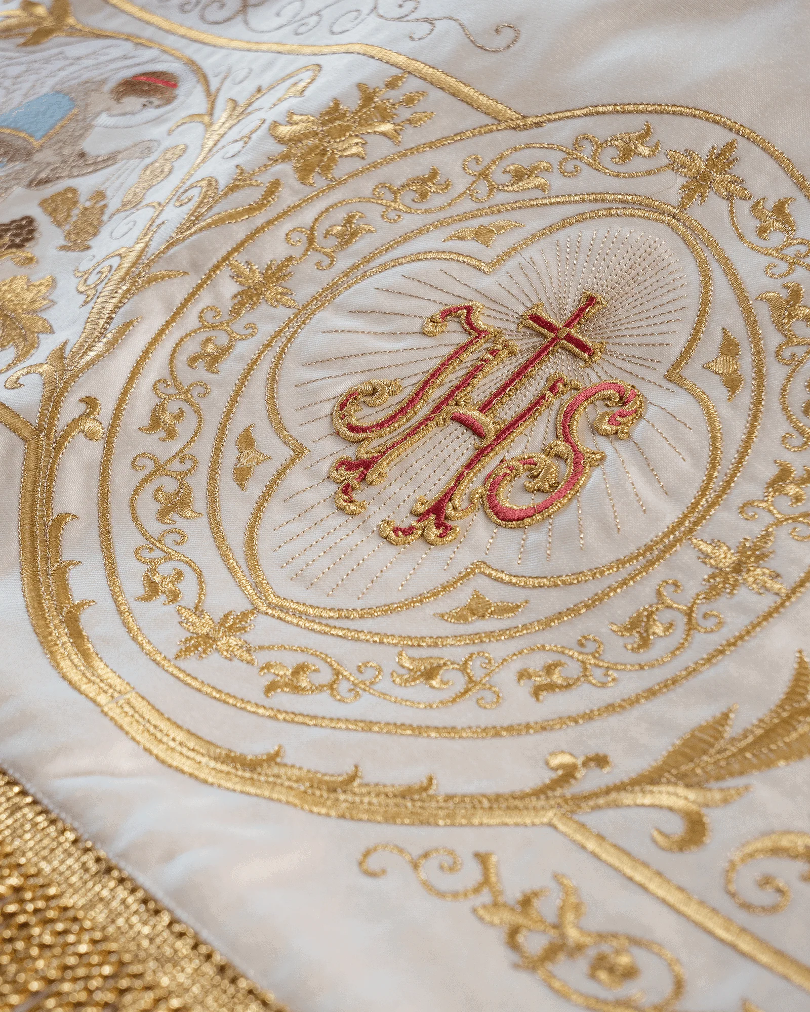 Eucharistic Procession Canopy Ecru Satin Gold Angels 51 x 63 in - Image 6