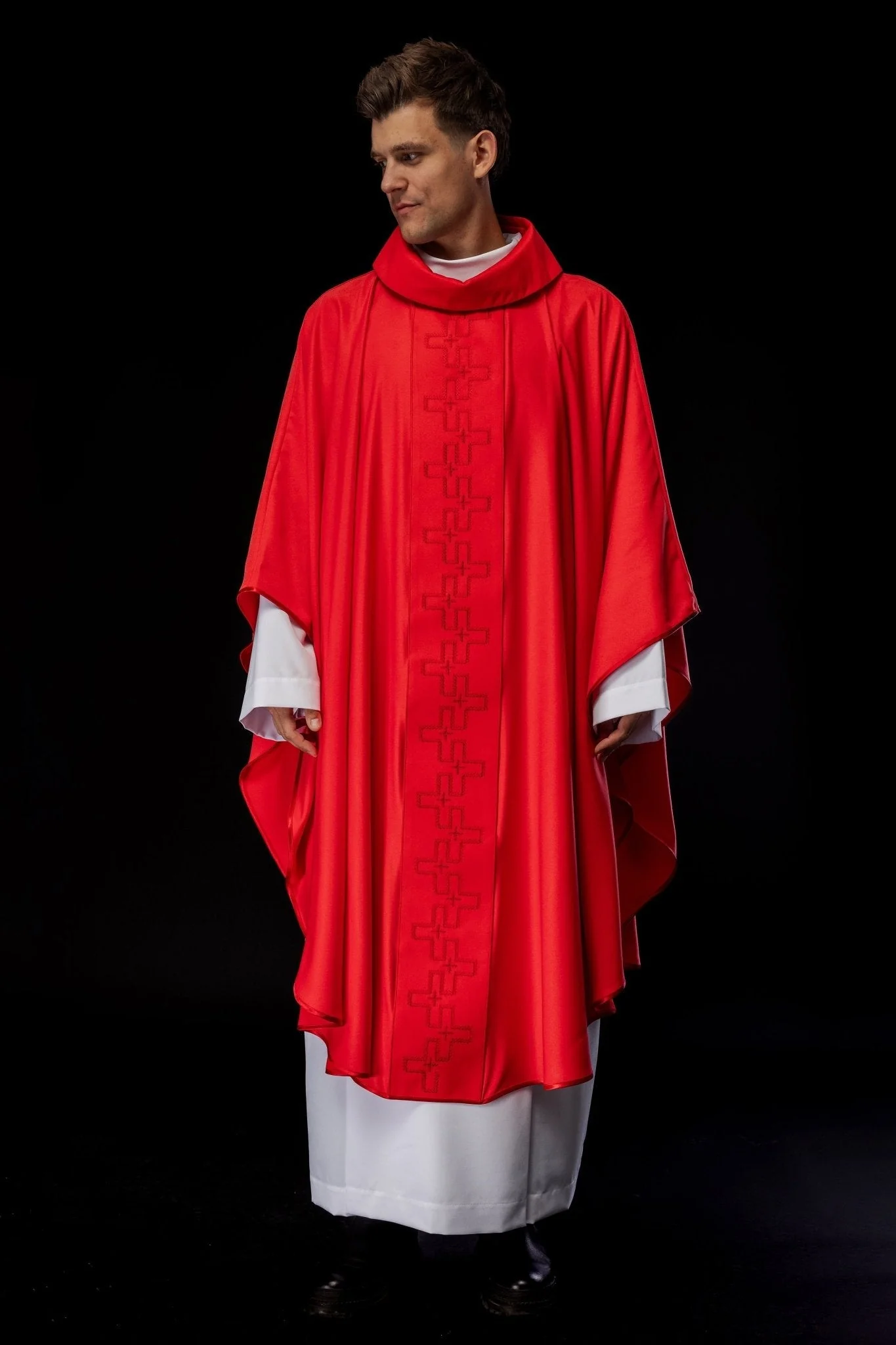 Catholic priest chasuble in red embroidery of crosses in red color - Image 2