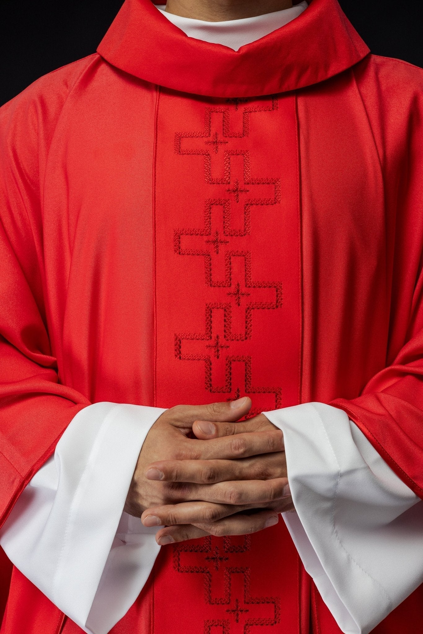 Catholic priest chasuble in red embroidery of crosses in red color - Image 3
