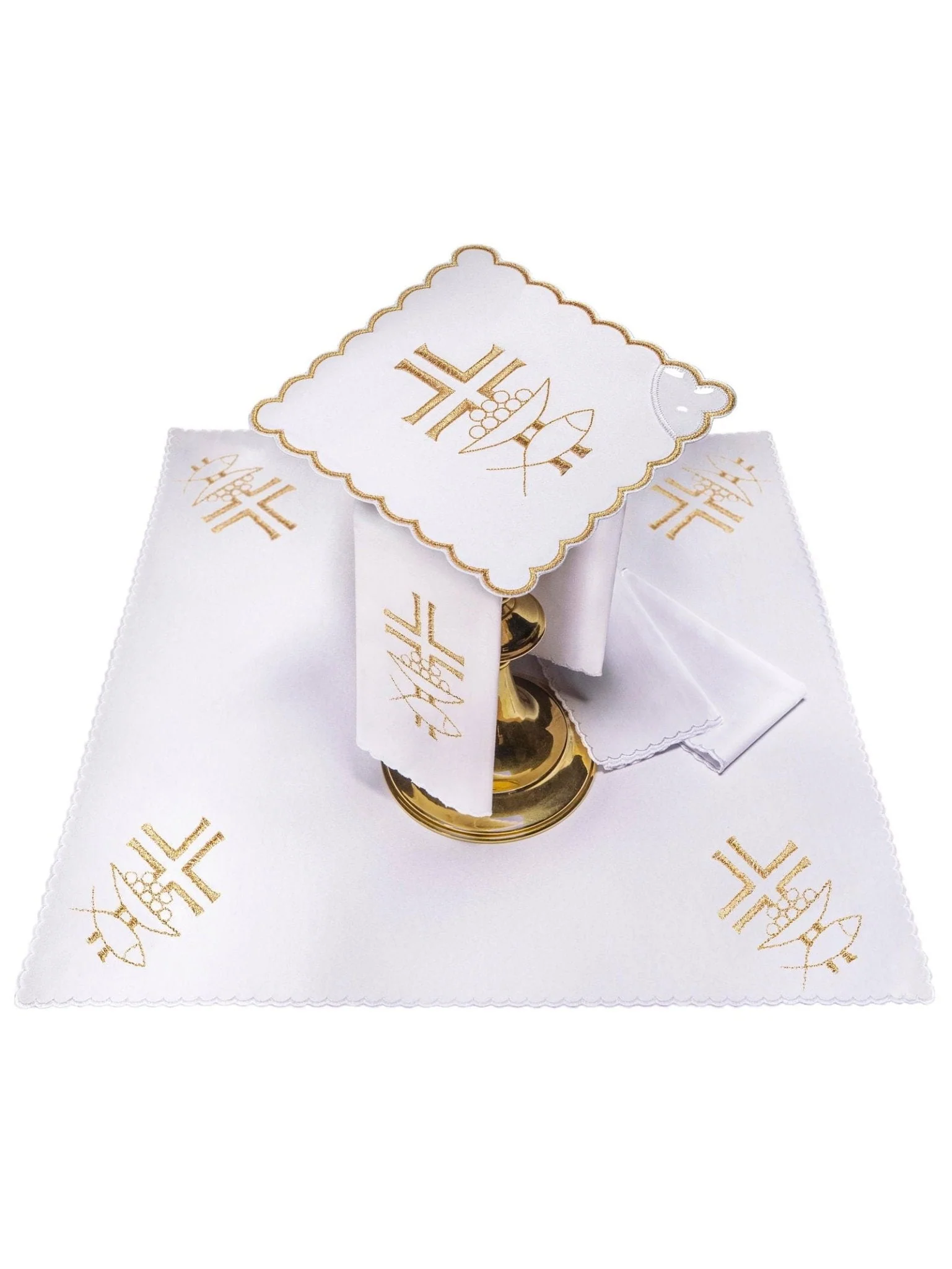 Chalice linens set with gold cross and Ichthys