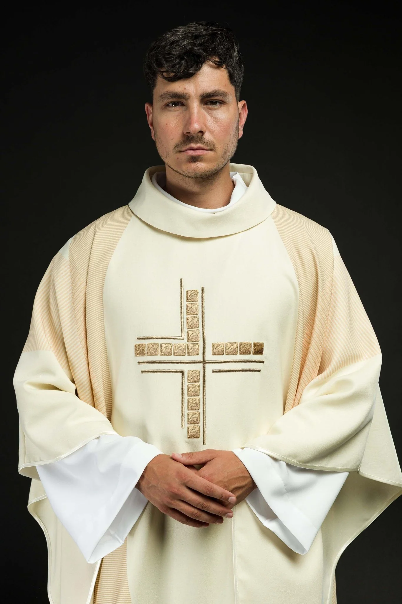 Ivory priests chasuble with printed cross design