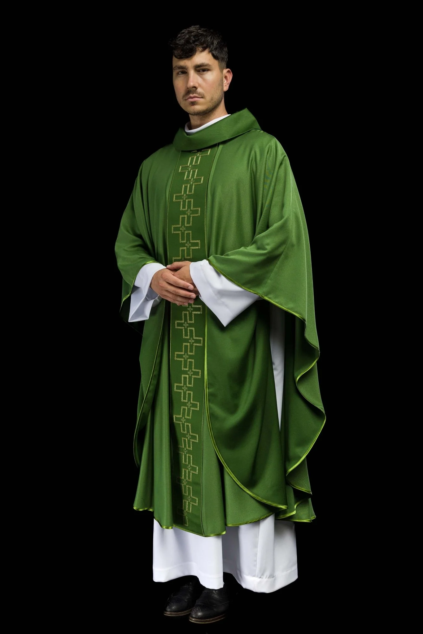 Chasuble with richly embroidered belt in embroidery of crosses in green color - Image 8