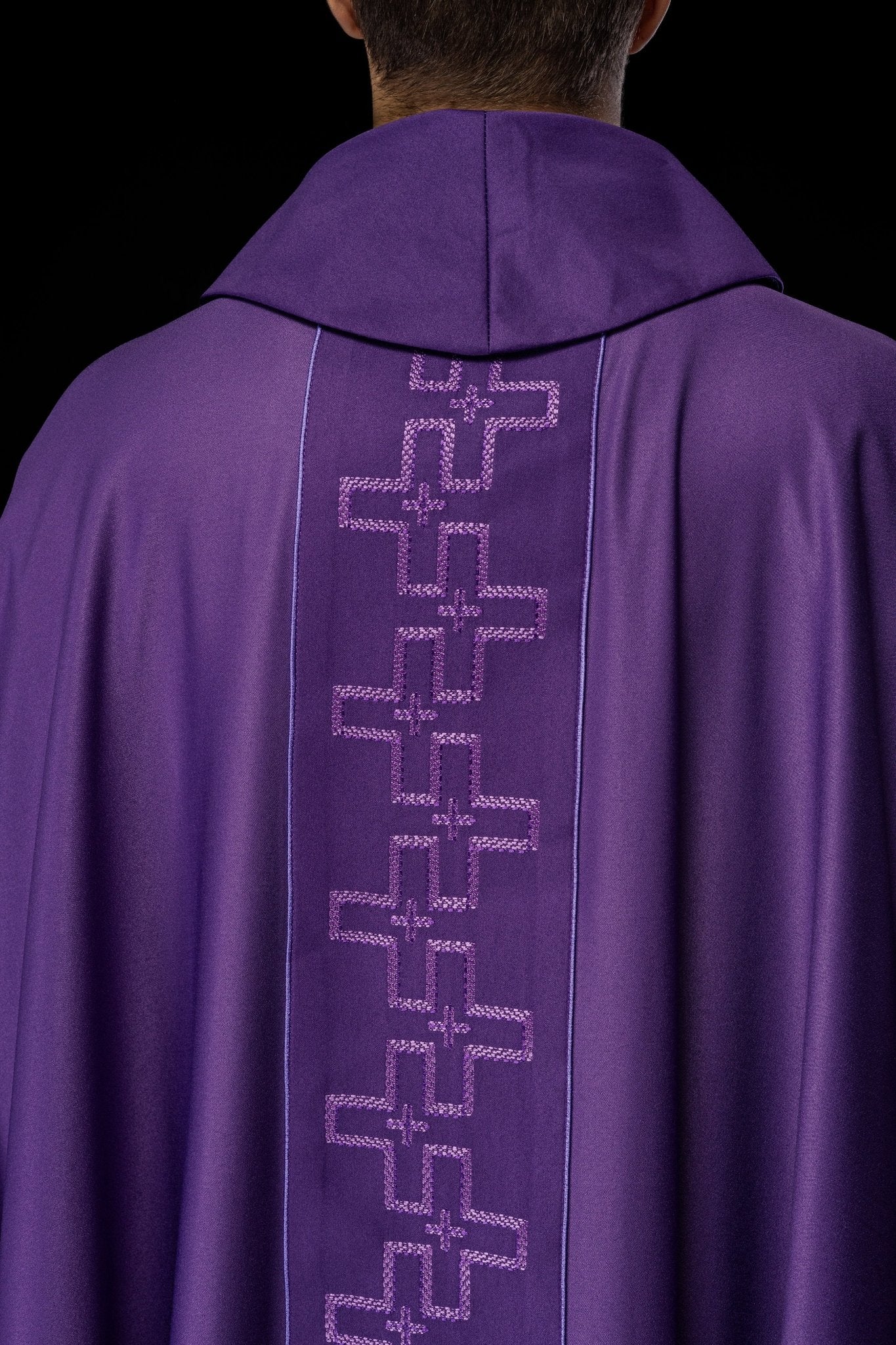 Chasuble with richly embroidered orphrey in embroidery of crosses in purple color - Image 6