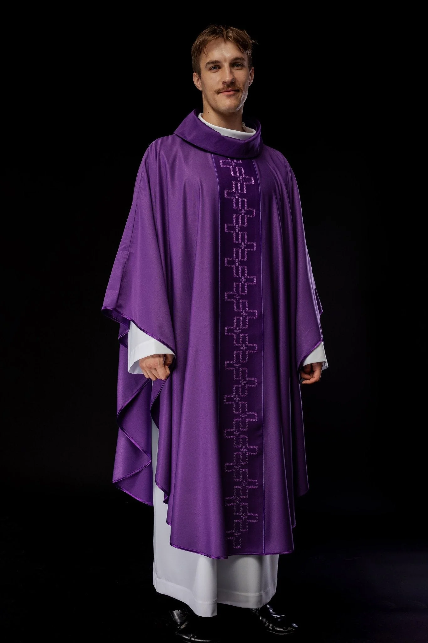 Chasuble with richly embroidered orphrey in embroidery of crosses in purple color - Image 8