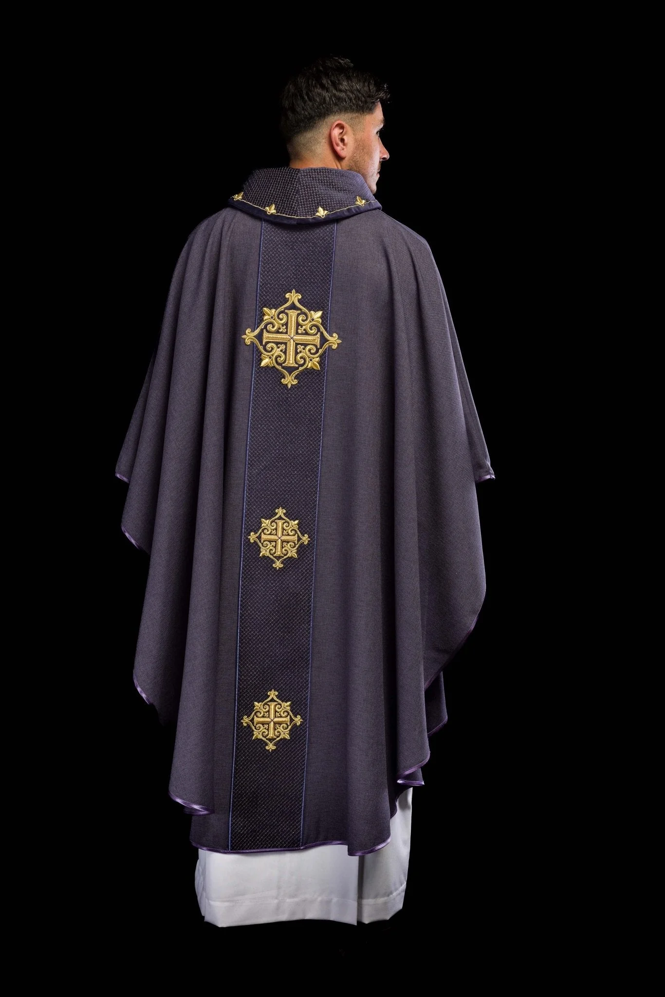 Chasuble with Velvet Purple Band and Cross Embroidery - Image 6