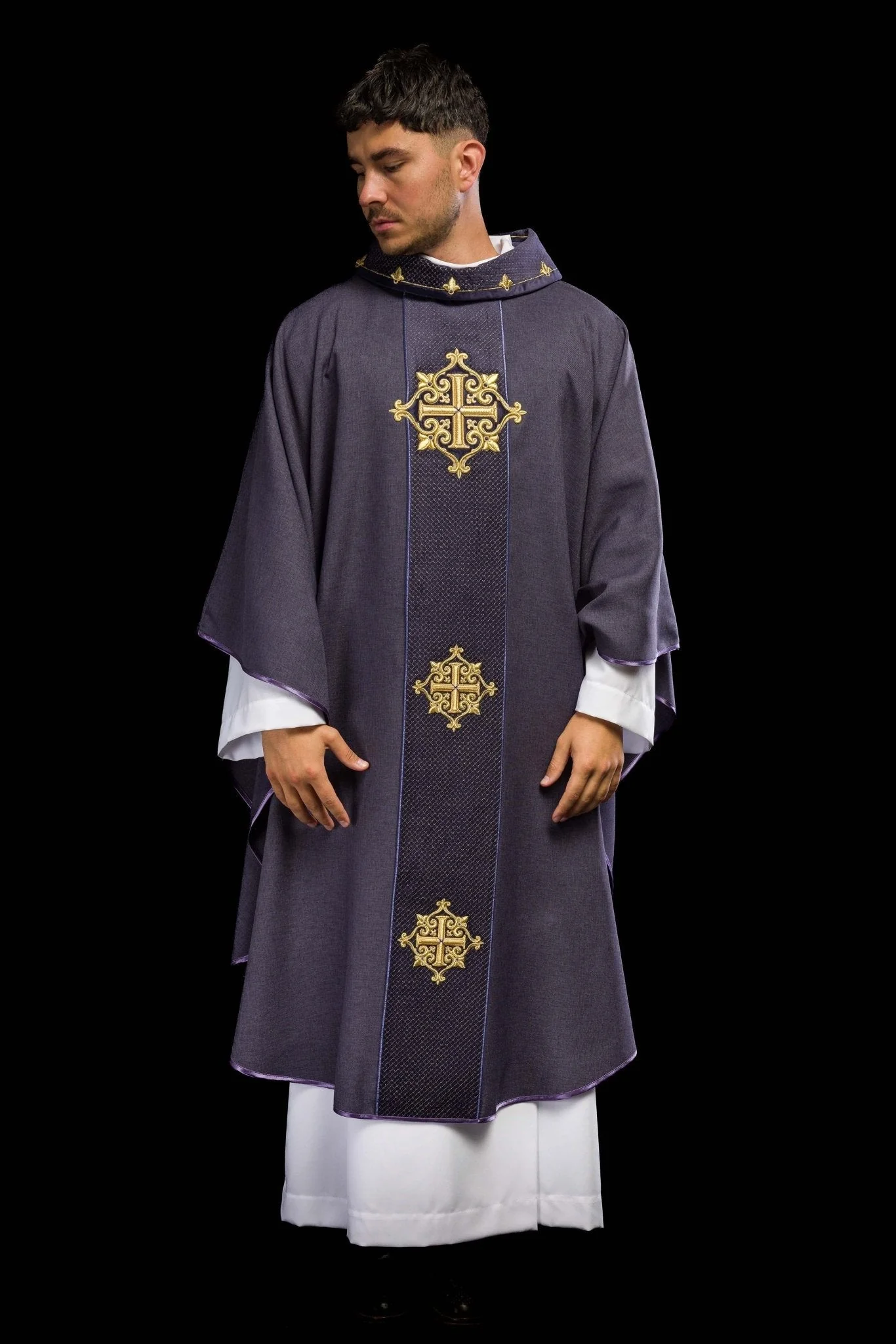 Chasuble with Velvet Purple Band and Cross Embroidery - Image 7
