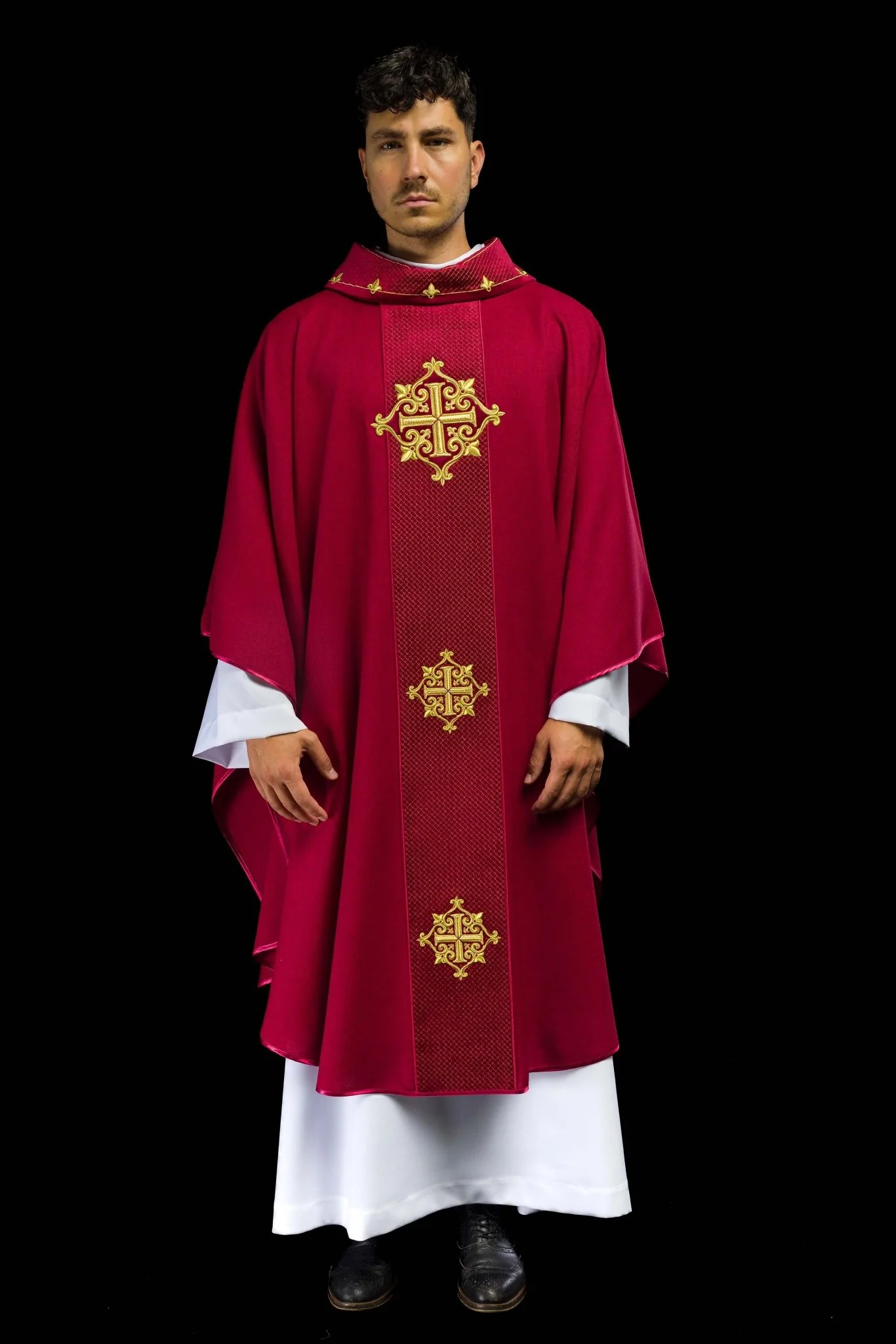 Chasuble with Velvet Red Band and Cross Embroidery - Image 2