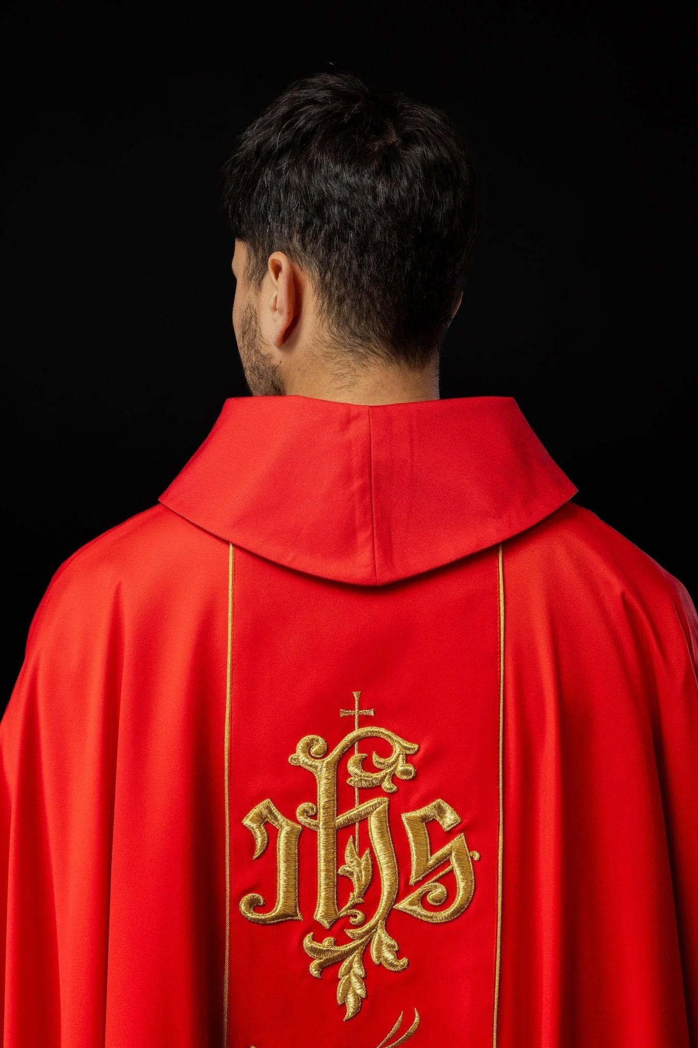 Classic red chasuble with JHS motif embroidery - Image 7