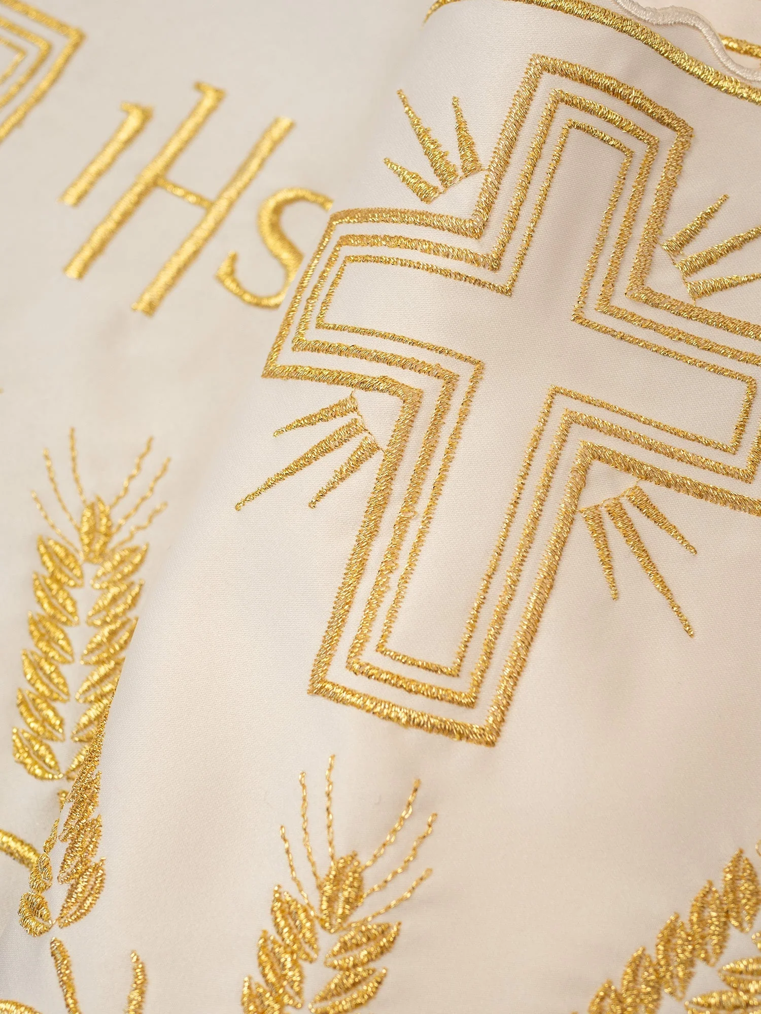 Cream colored liturgical superfrontal with IHS and cross gold embroidery - Image 2