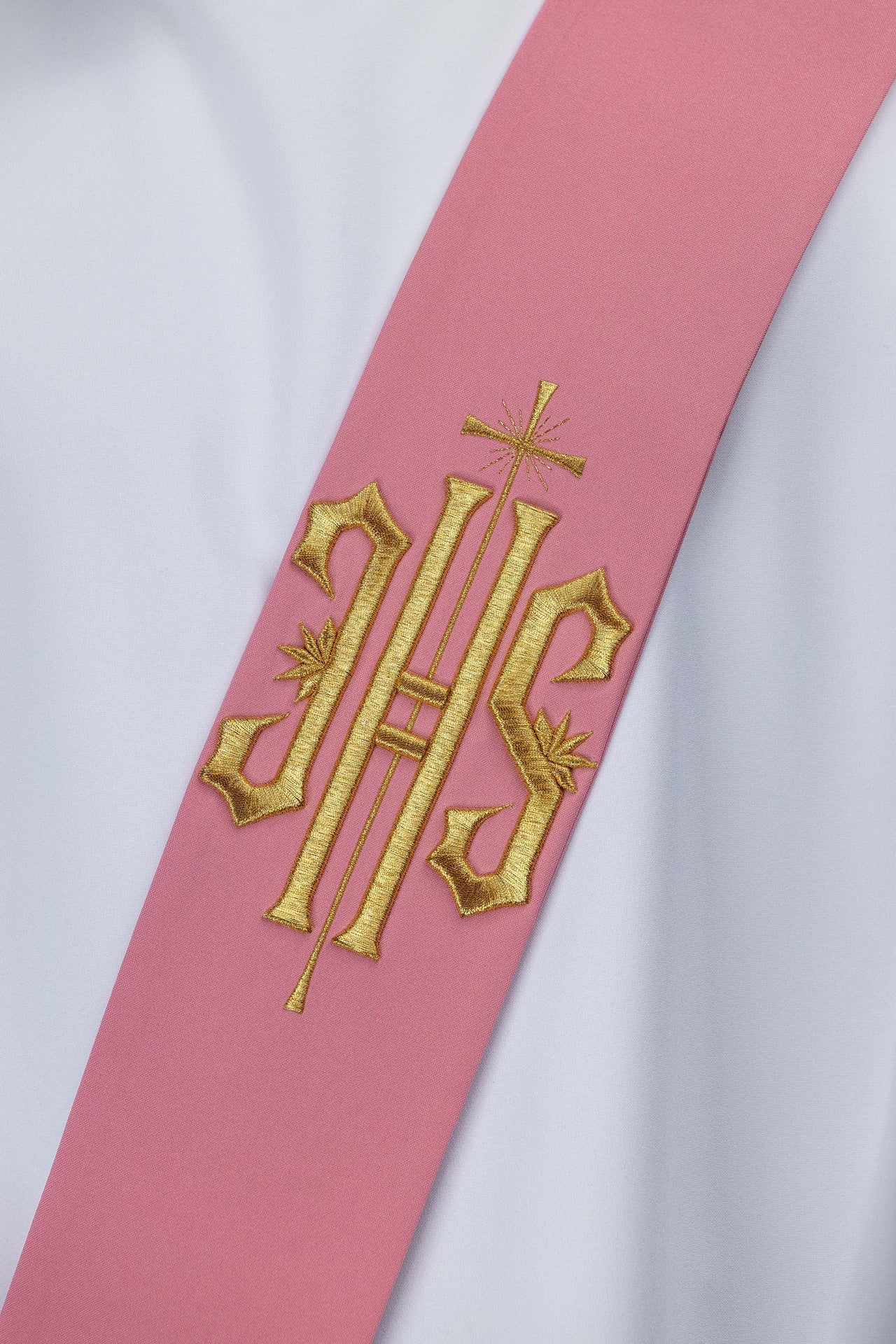 Deacon stole embroidered with IHS and Cross in pink - Image 3