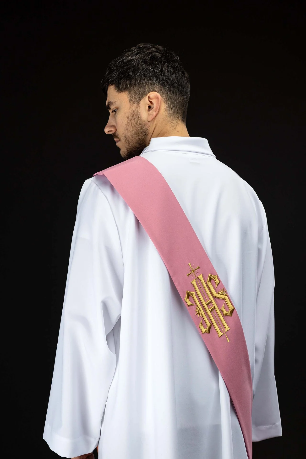 Deacon stole embroidered with IHS and Cross in pink - Image 5