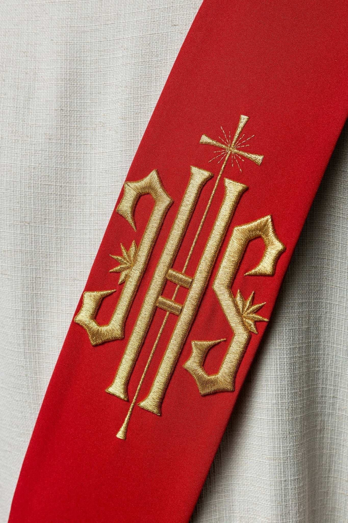 Deacon stole embroidered with IHS and Cross in red - Image 3