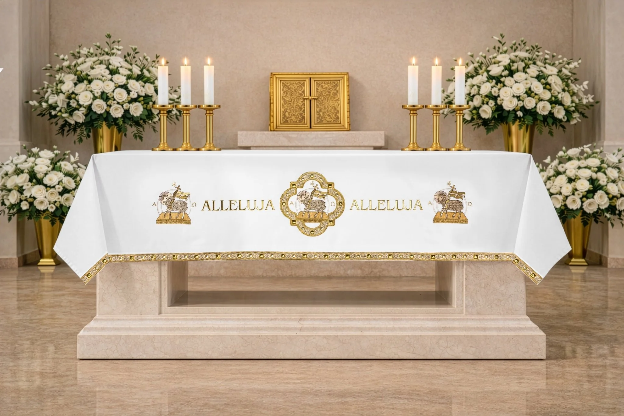 Easter altar cloth with embroidered Lamb