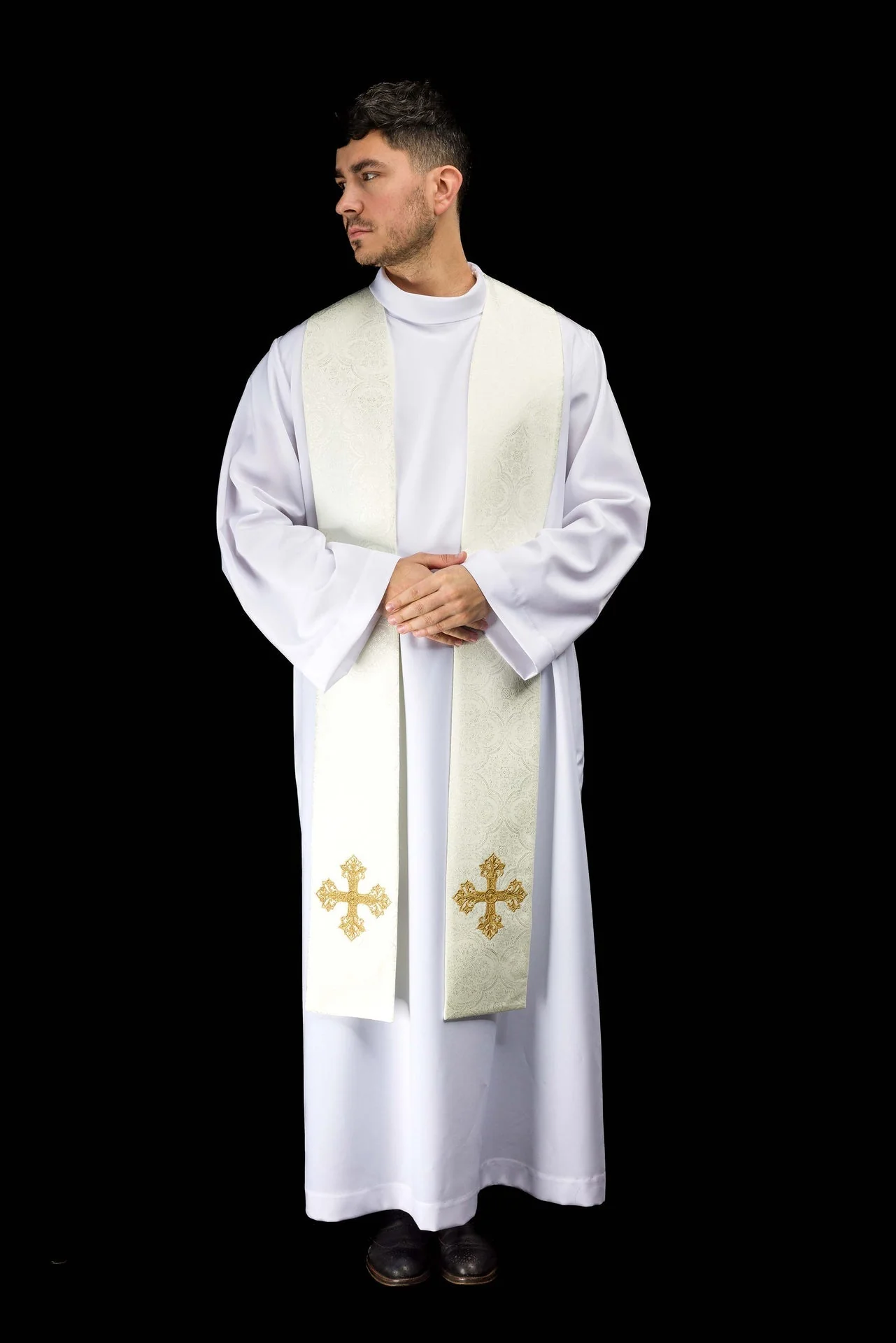 Ecru jacquard stole embroidered with a cross motif - Image 7