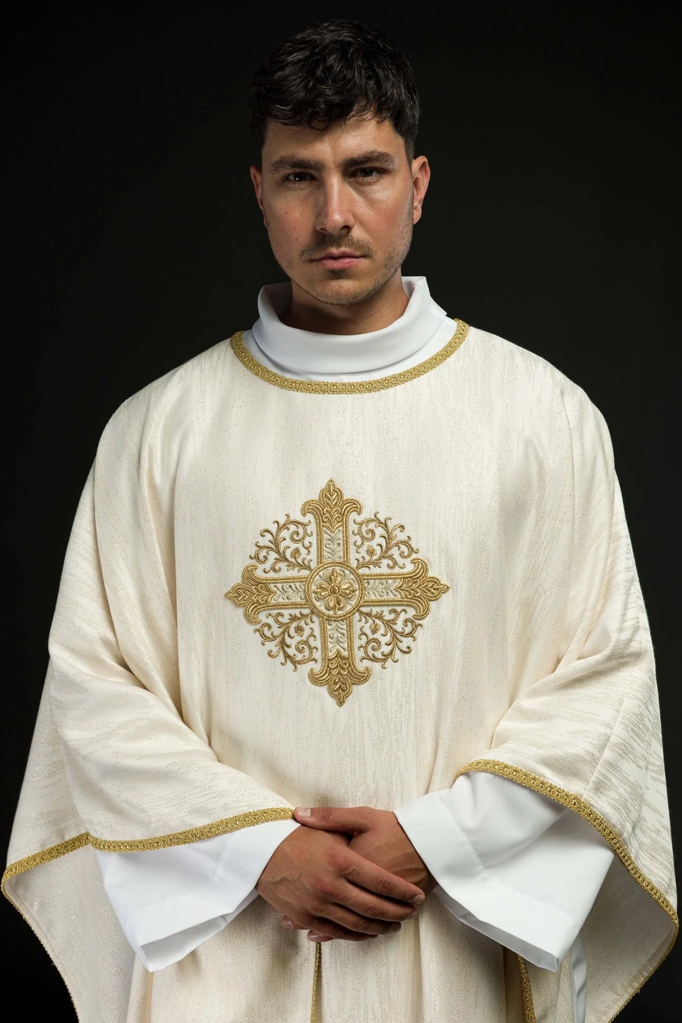 Ecru Liturgical Chasuble with Embroidered Cross on Decorative Fabric