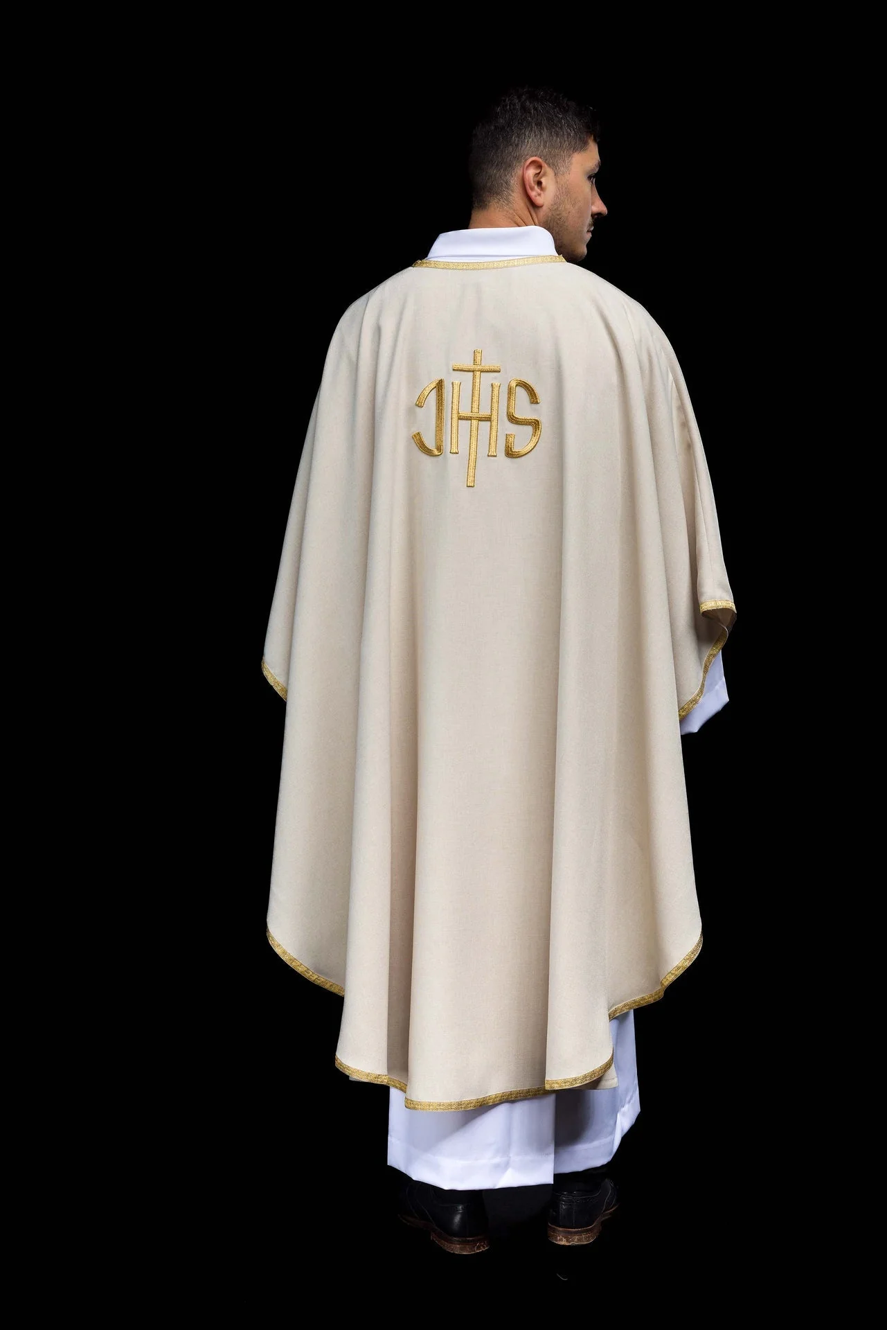 Ecru Liturgical Chasuble with Golden IHS Embroidery - Image 8
