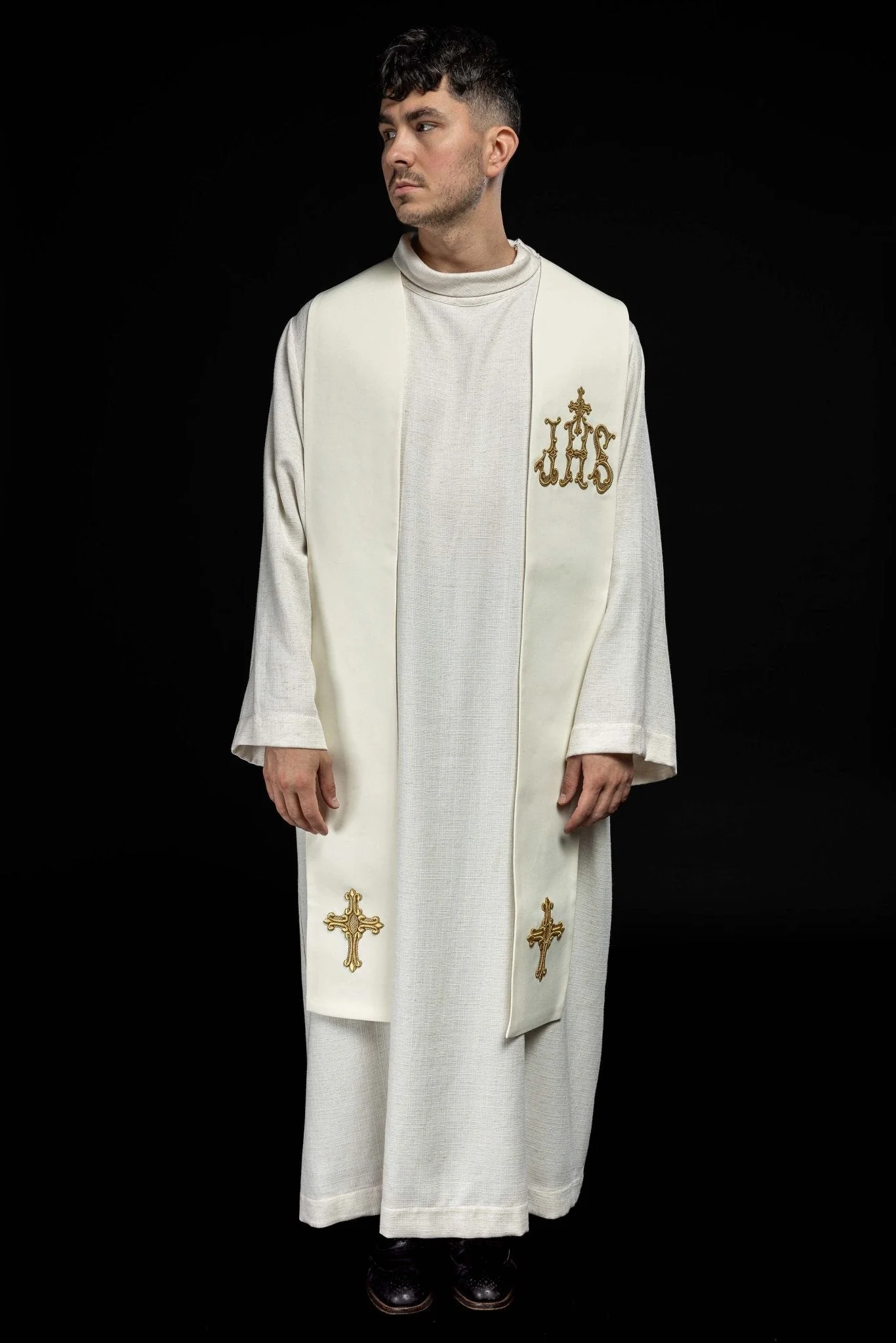 Ecru priestly stole embroidered with a Cross and IHS