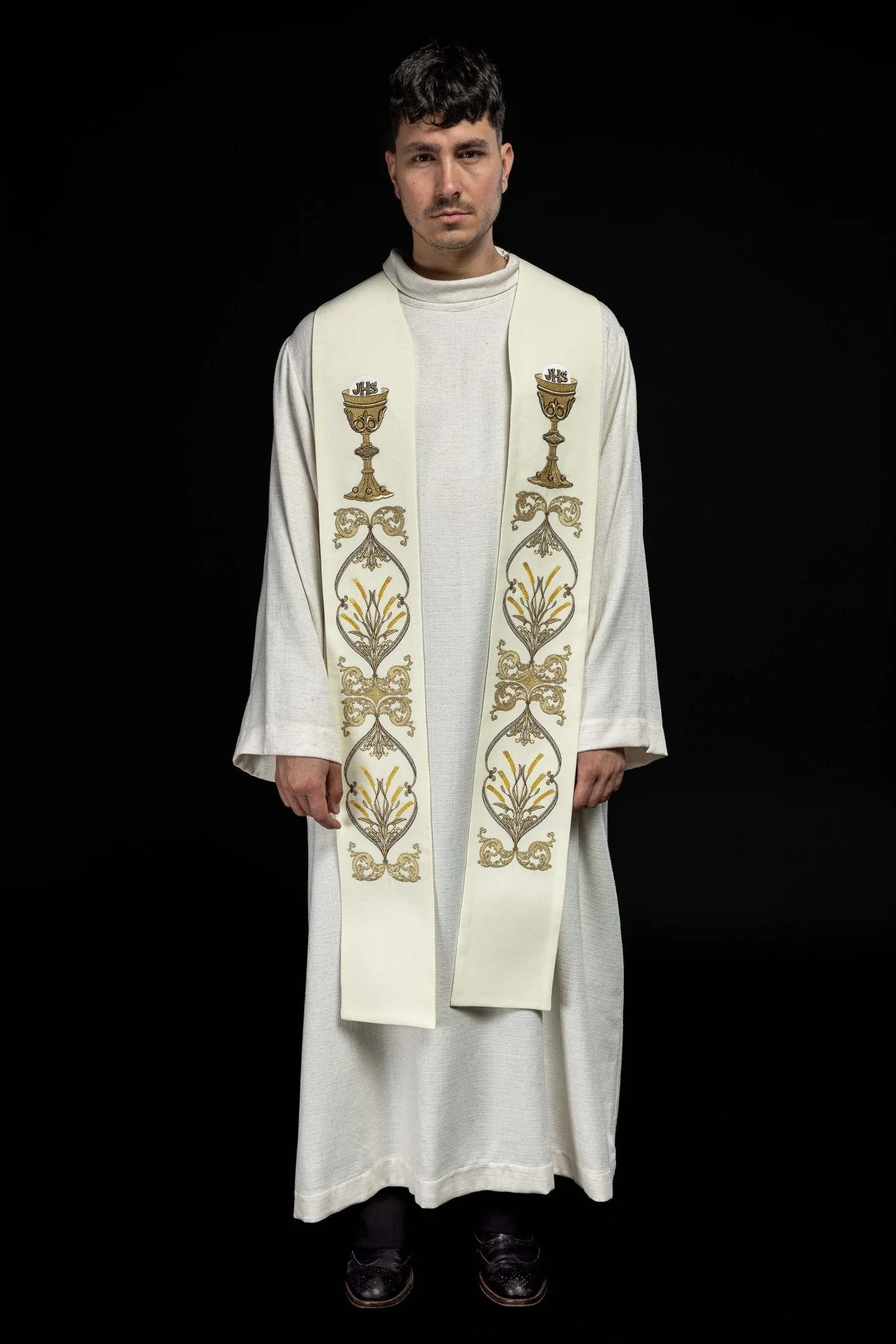 Ecru priestly stole with chalice IHS