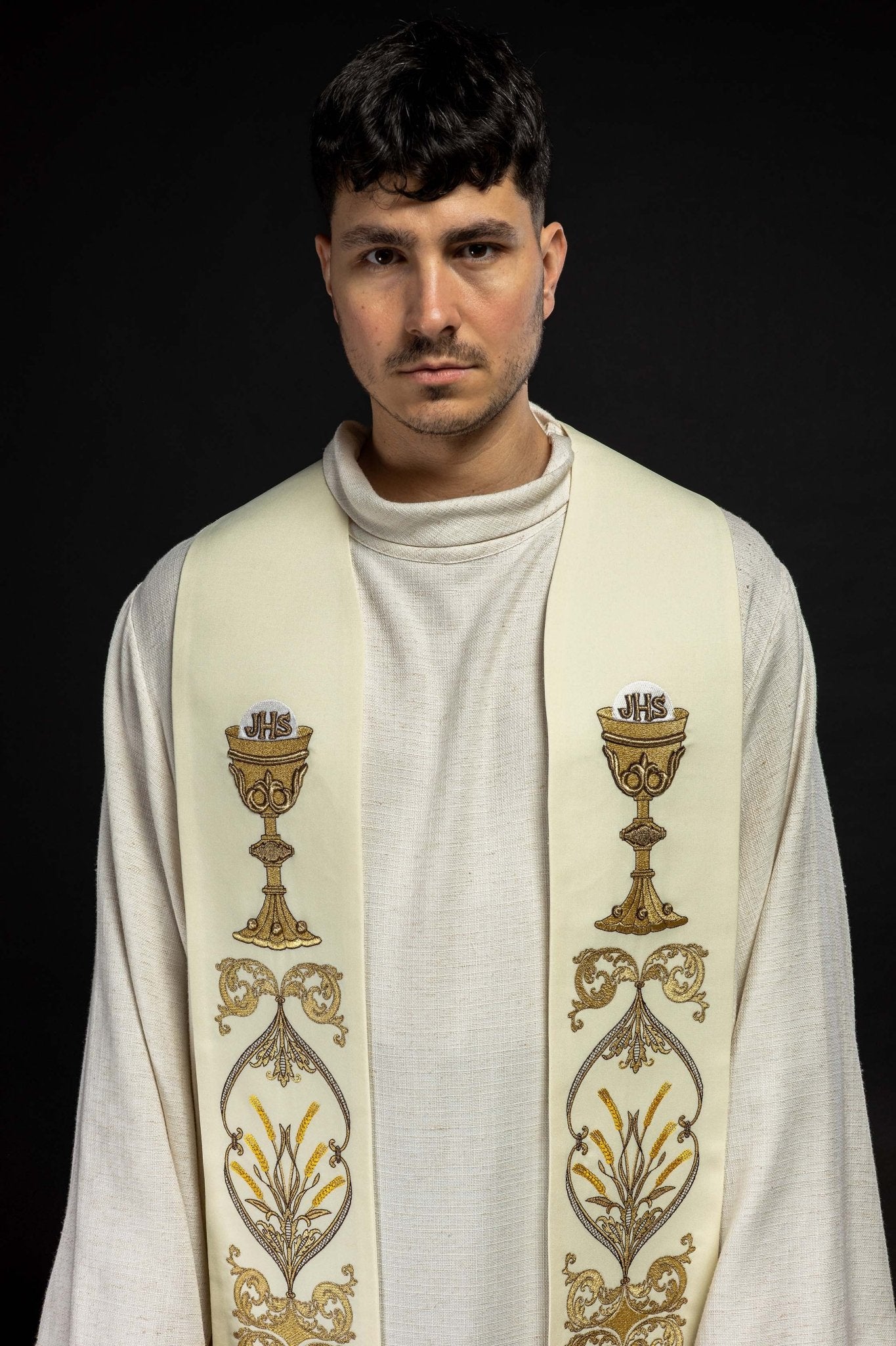 Ecru priestly stole with chalice IHS - Image 2