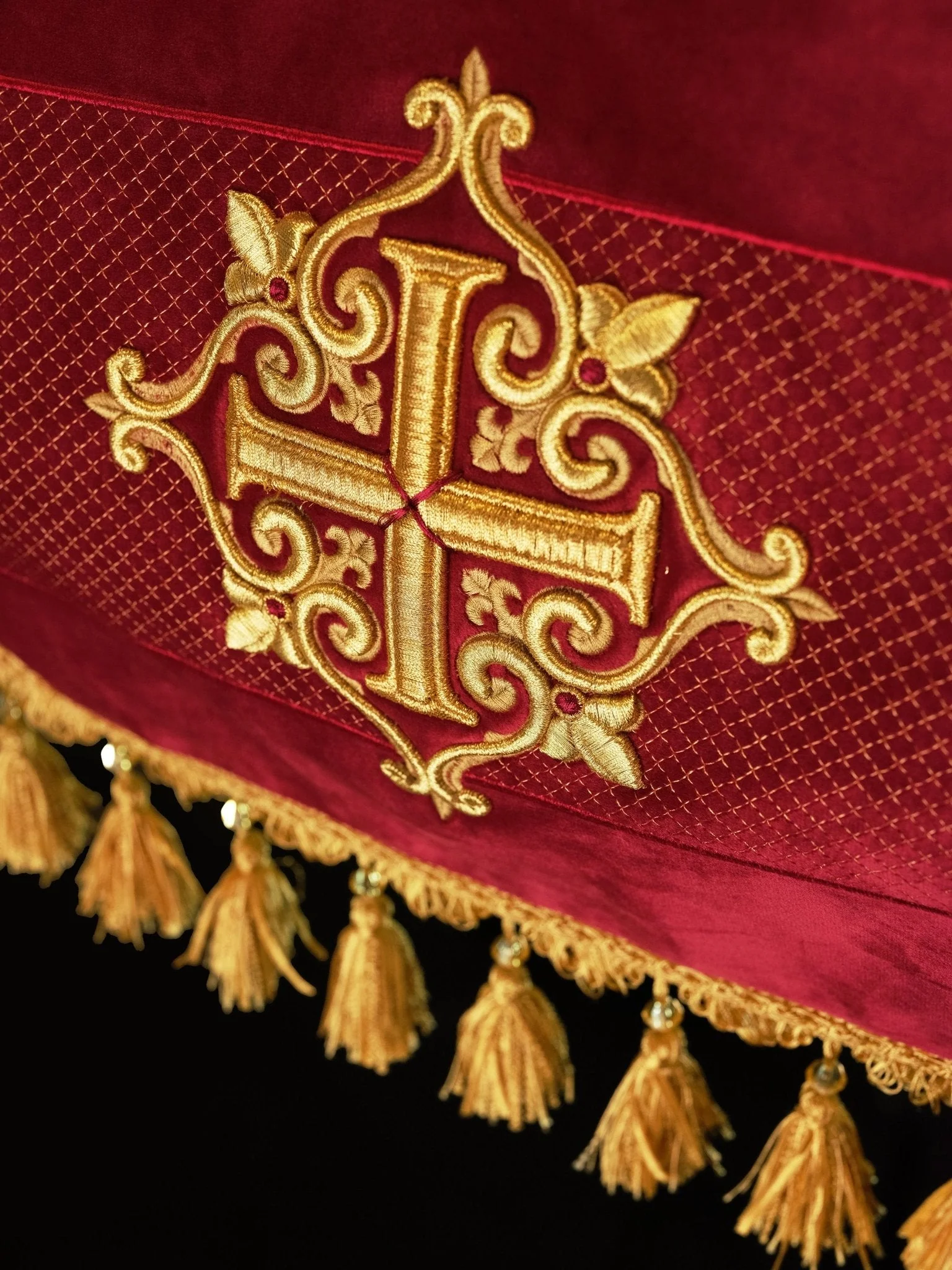 Burgundy Velvet Processional Canopy Gold Crosses Catholic Parish 51 x 63 in - Image 2