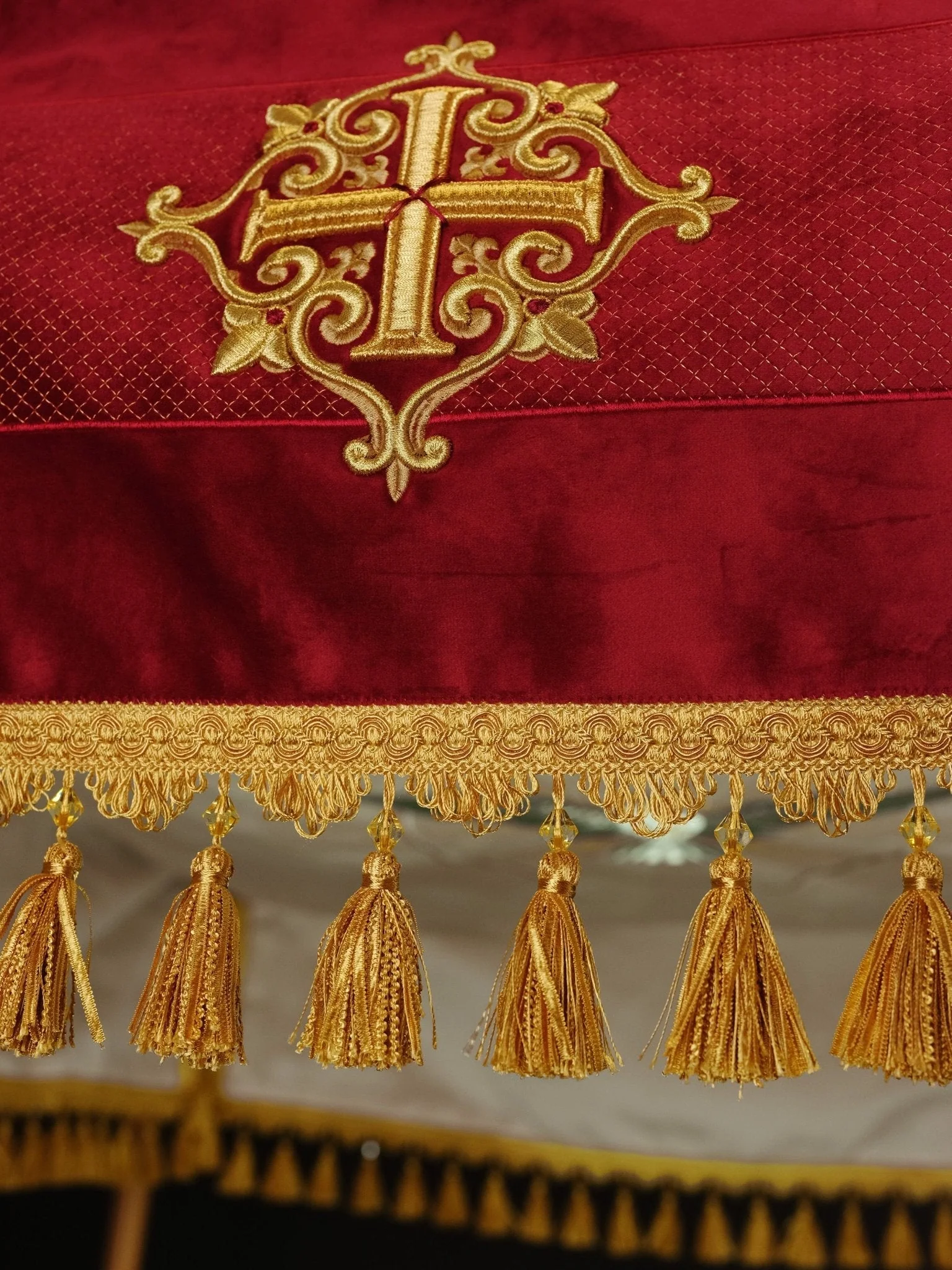 Burgundy Velvet Processional Canopy Gold Crosses Catholic Parish 51 x 63 in - Image 5