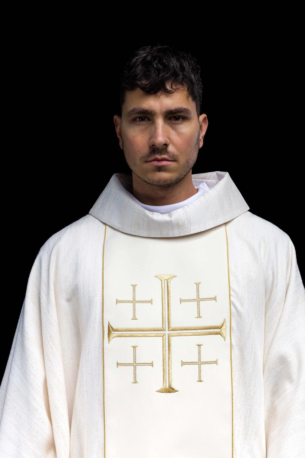 Embroidered Chasuble with Band and Jerusalem Crosses – Ecru - Image 2