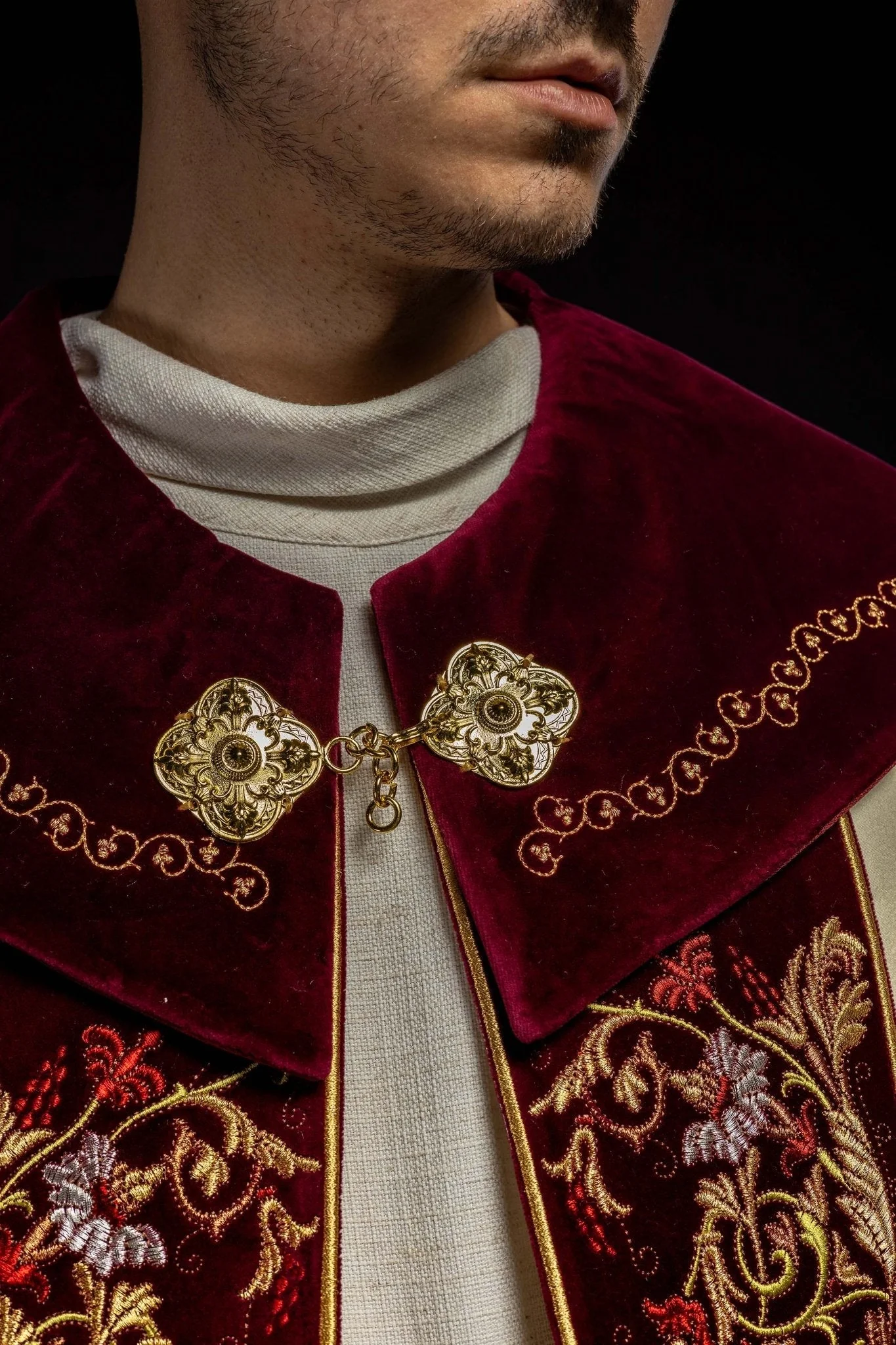 Embroidered cope made on velvet texture with big gold embroidery and JHS symbol - Image 3
