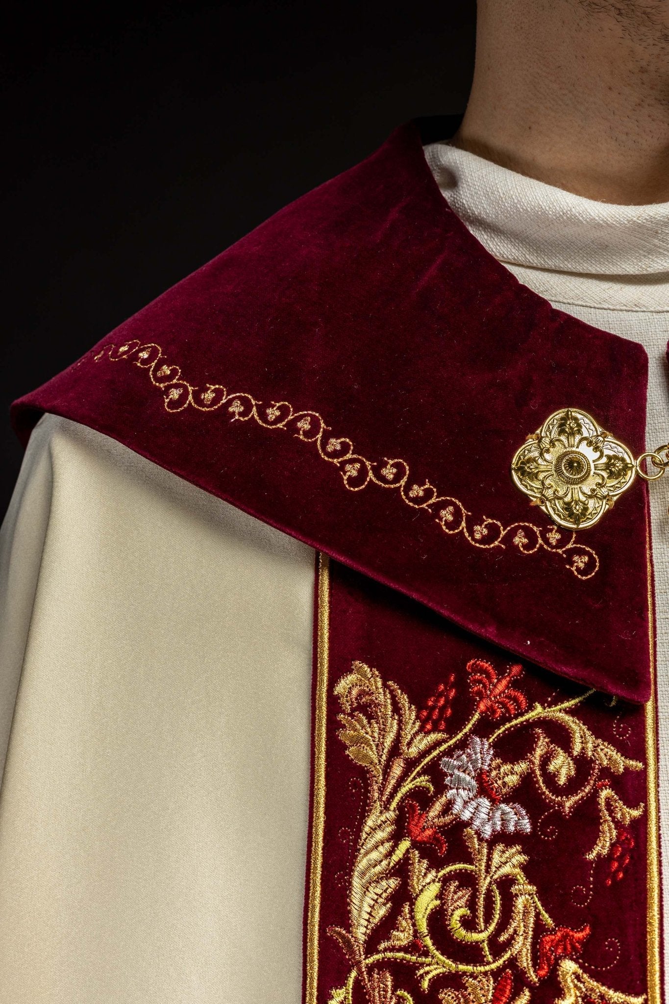Embroidered cope made on velvet texture with big gold embroidery and JHS symbol - Image 4