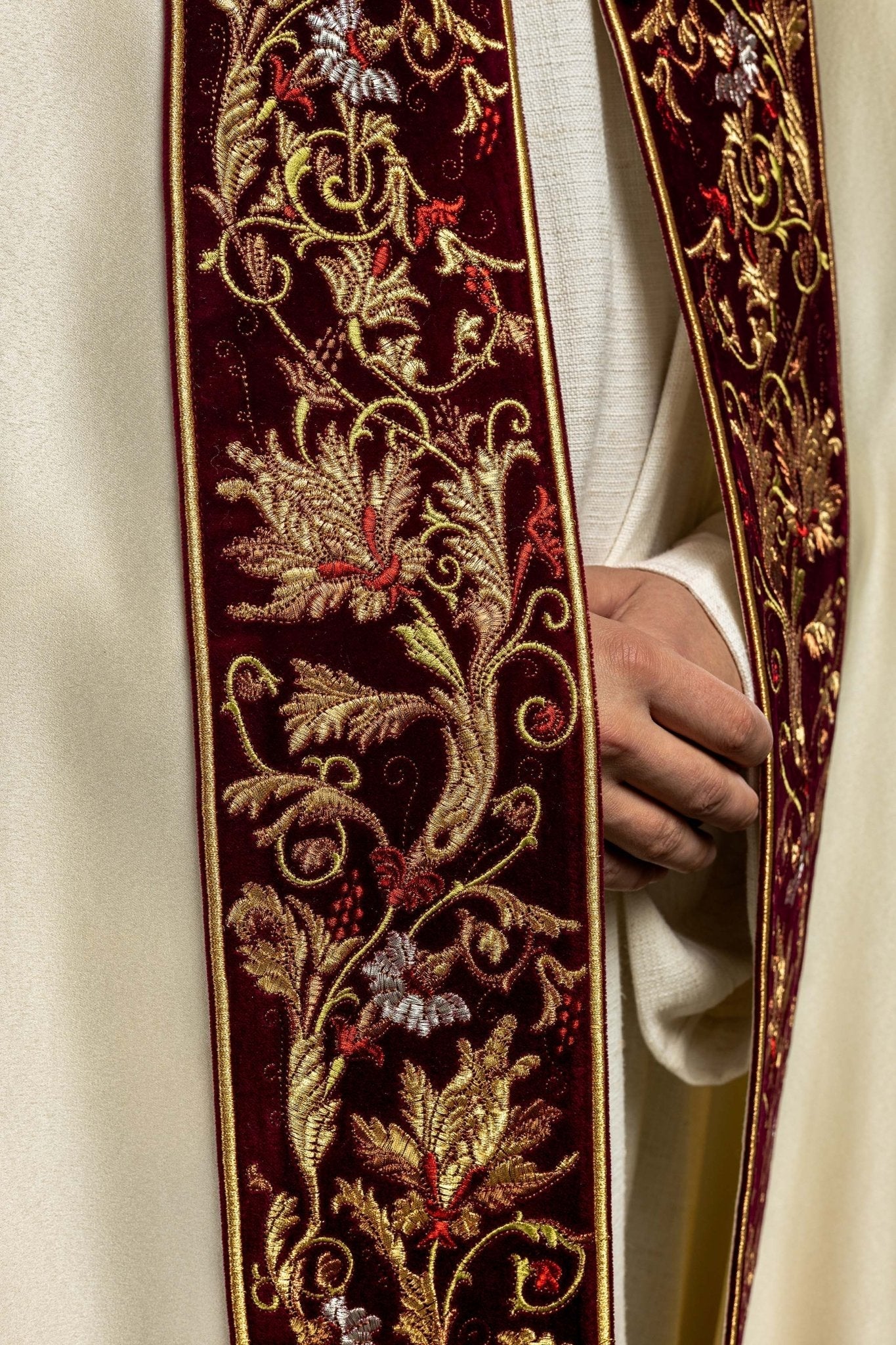 Embroidered cope made on velvet texture with big gold embroidery and JHS symbol - Image 5