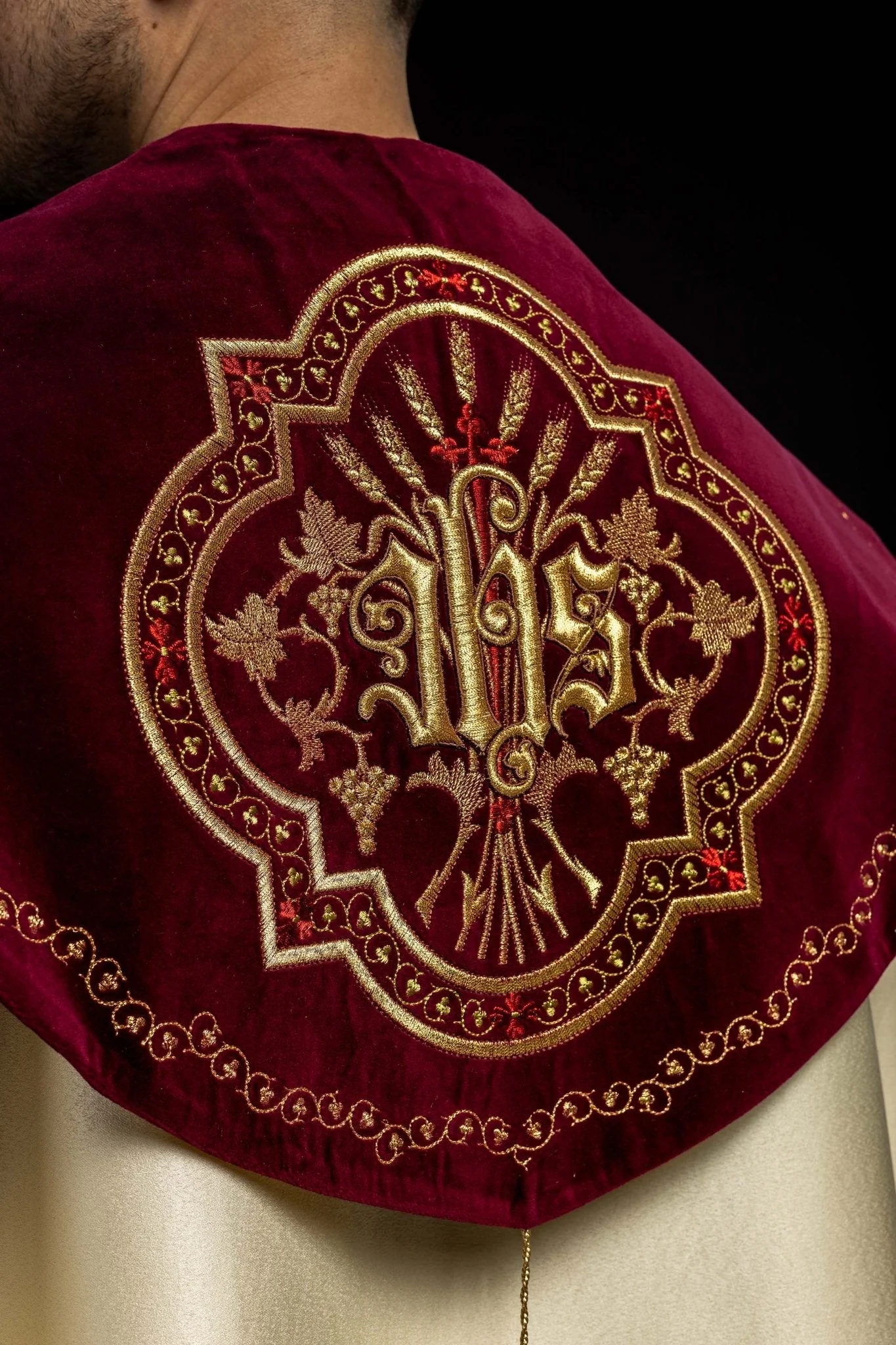 Embroidered cope made on velvet texture with big gold embroidery and JHS symbol - Image 6