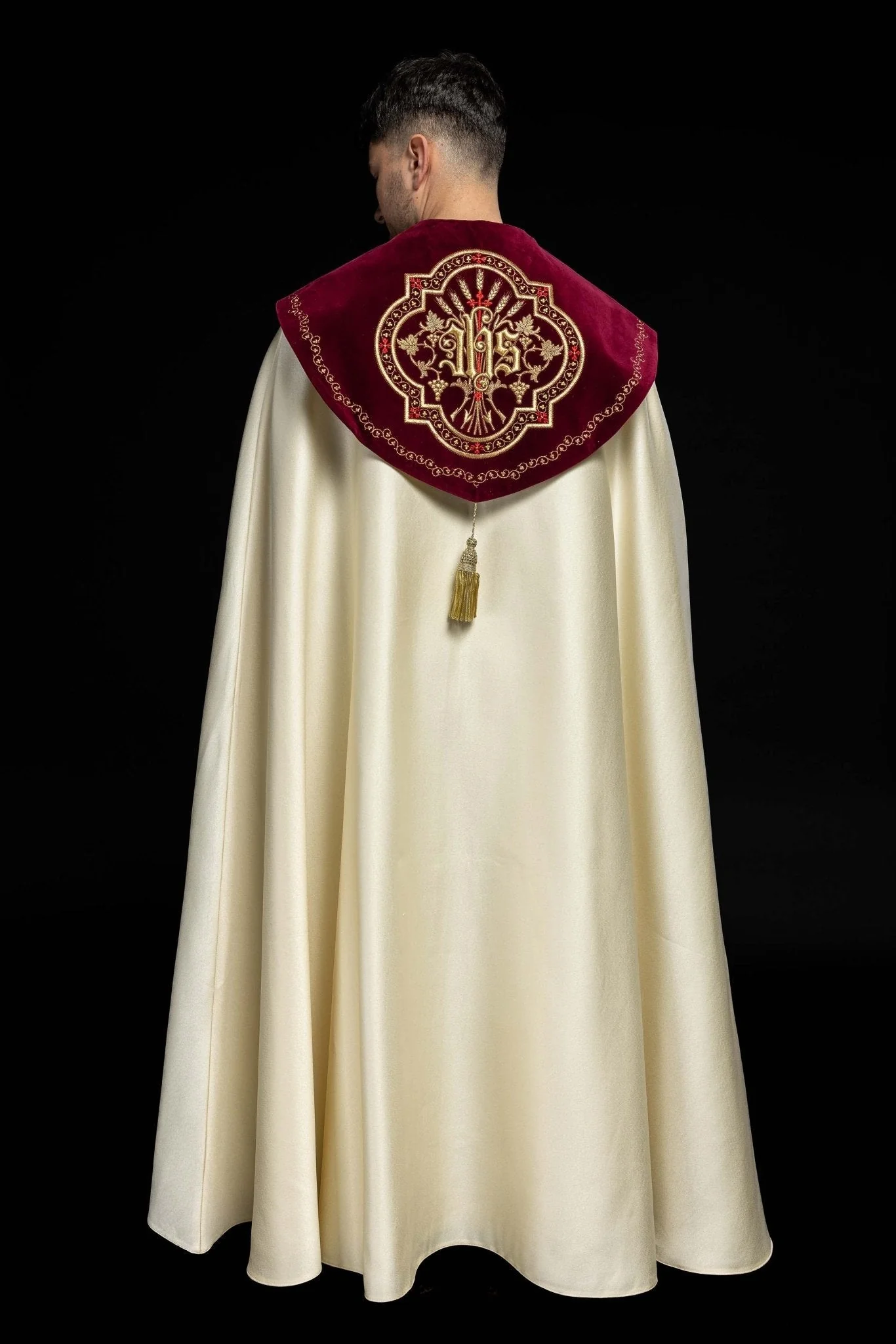 Embroidered cope made on velvet texture with big gold embroidery and JHS symbol - Image 7