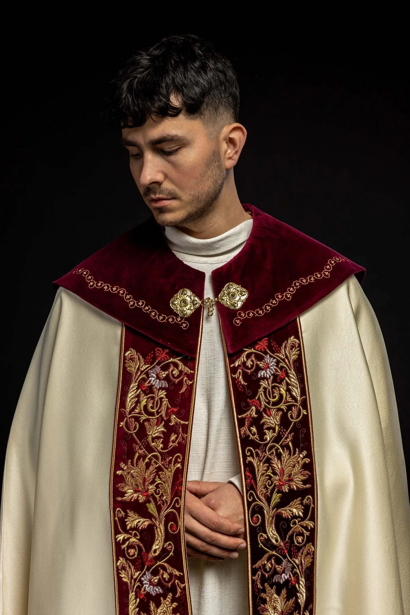 Embroidered cope made on velvet texture with big gold embroidery and JHS symbol - Image 8