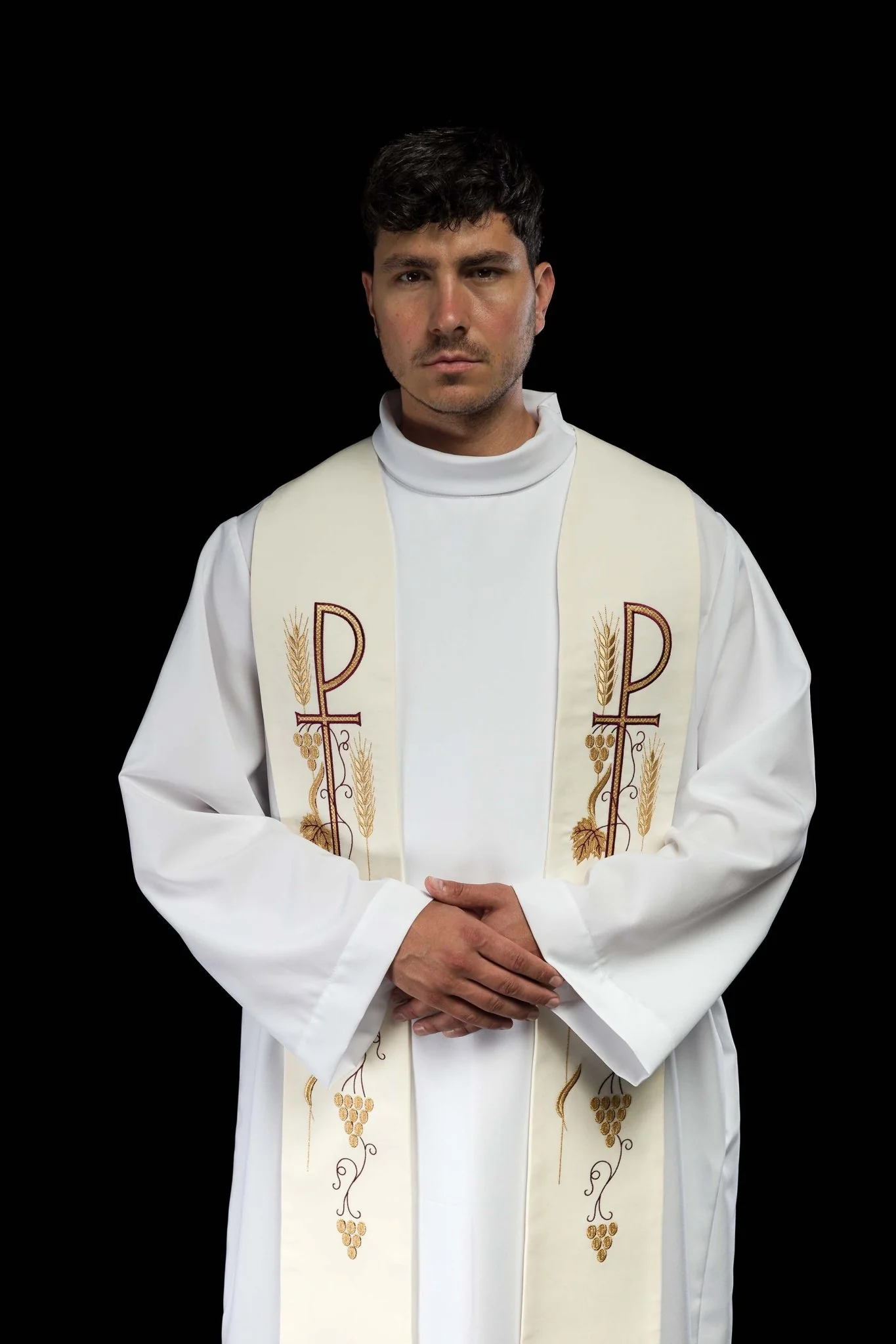 Embroidered priestly stole with cross and grapes in ecru - Image 6