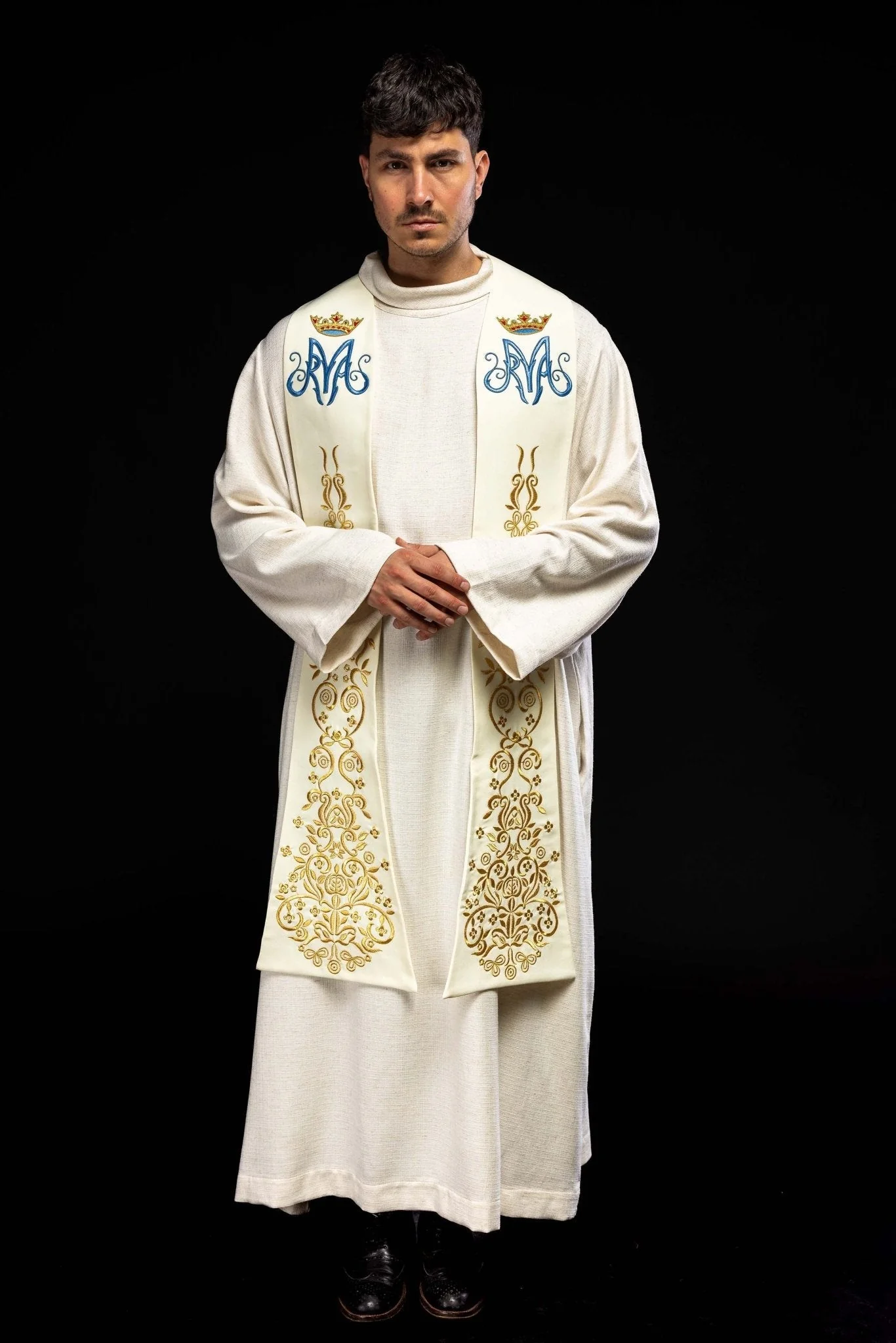Embroidered priestly stole with Marian motif and crown in ecru - Image 6