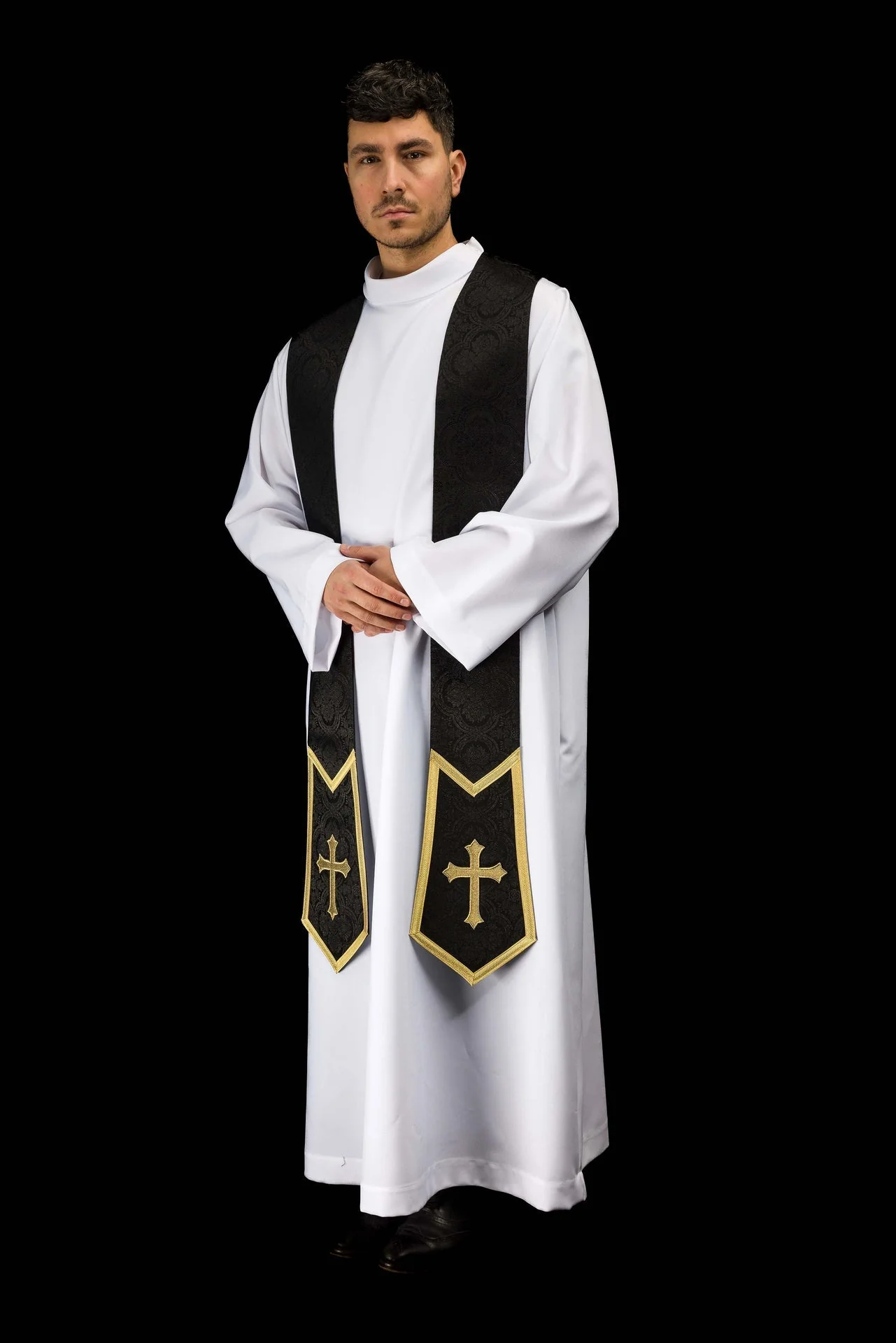 Embroidered stole with a Cross motif black jacquard fabric - Image 6