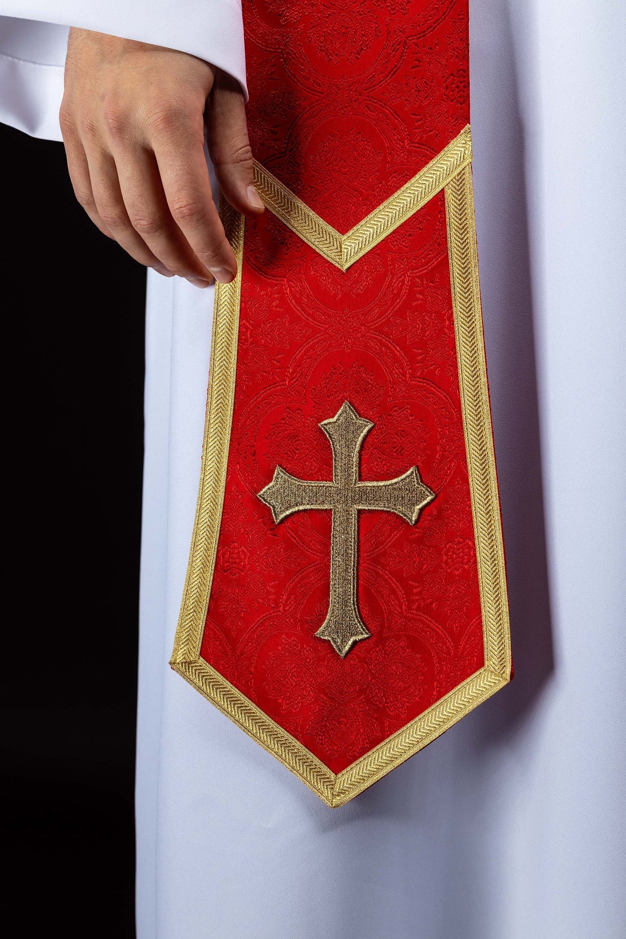 Embroidered stole with a Cross motif red jacquard fabric - Image 2