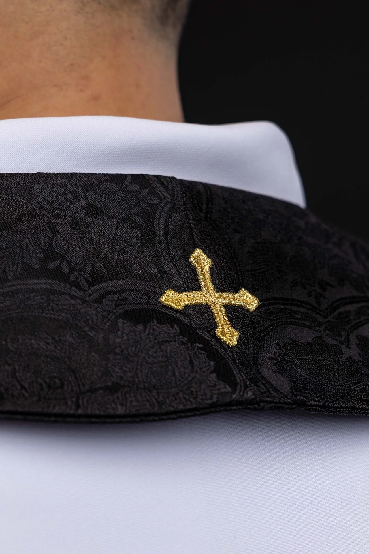 Embroidered Stole with Cross Motif Black Jacquard Fabric - Image 4