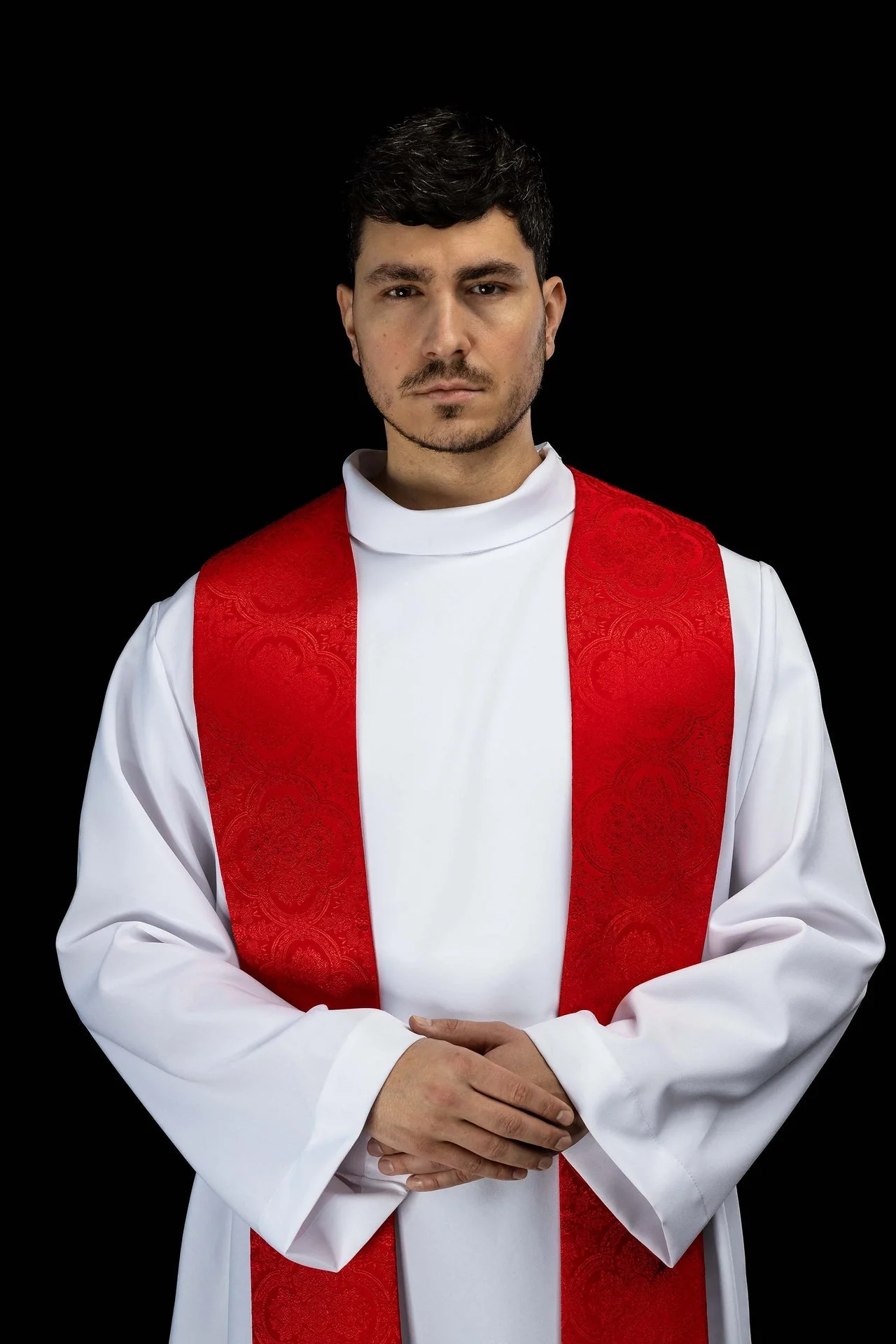 Embroidered Stole with Cross Motif Red Jacquard Fabric - Image 3