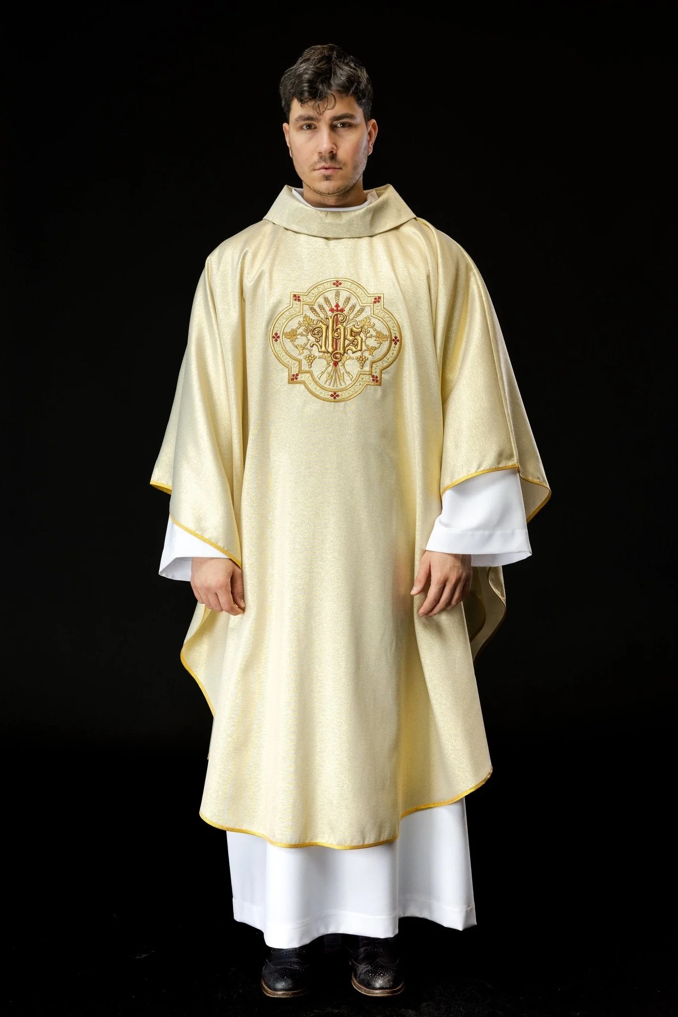 Gold chasuble with IHS and PAX embroidery - Image 2