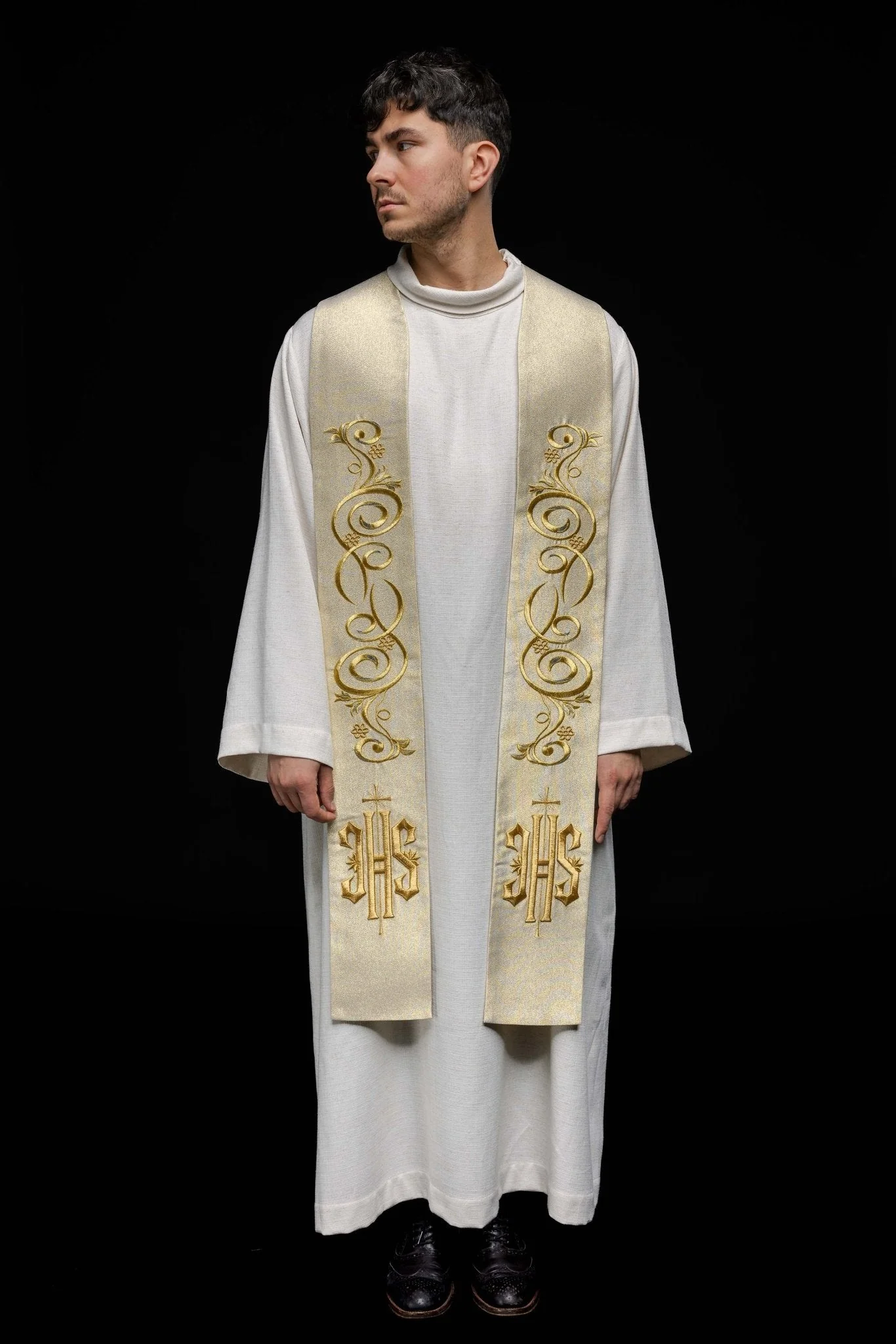 Golden embroidered IHS stole