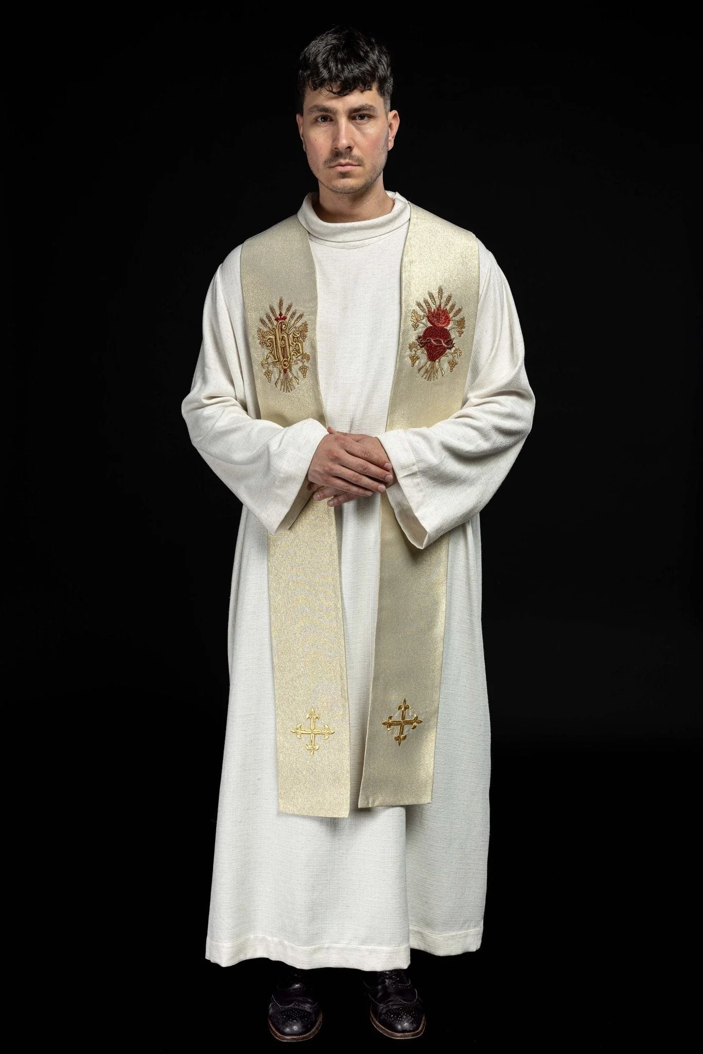 Golden priestly stole with a cross, IHS, and the heart of Jesus Christ - Image 7