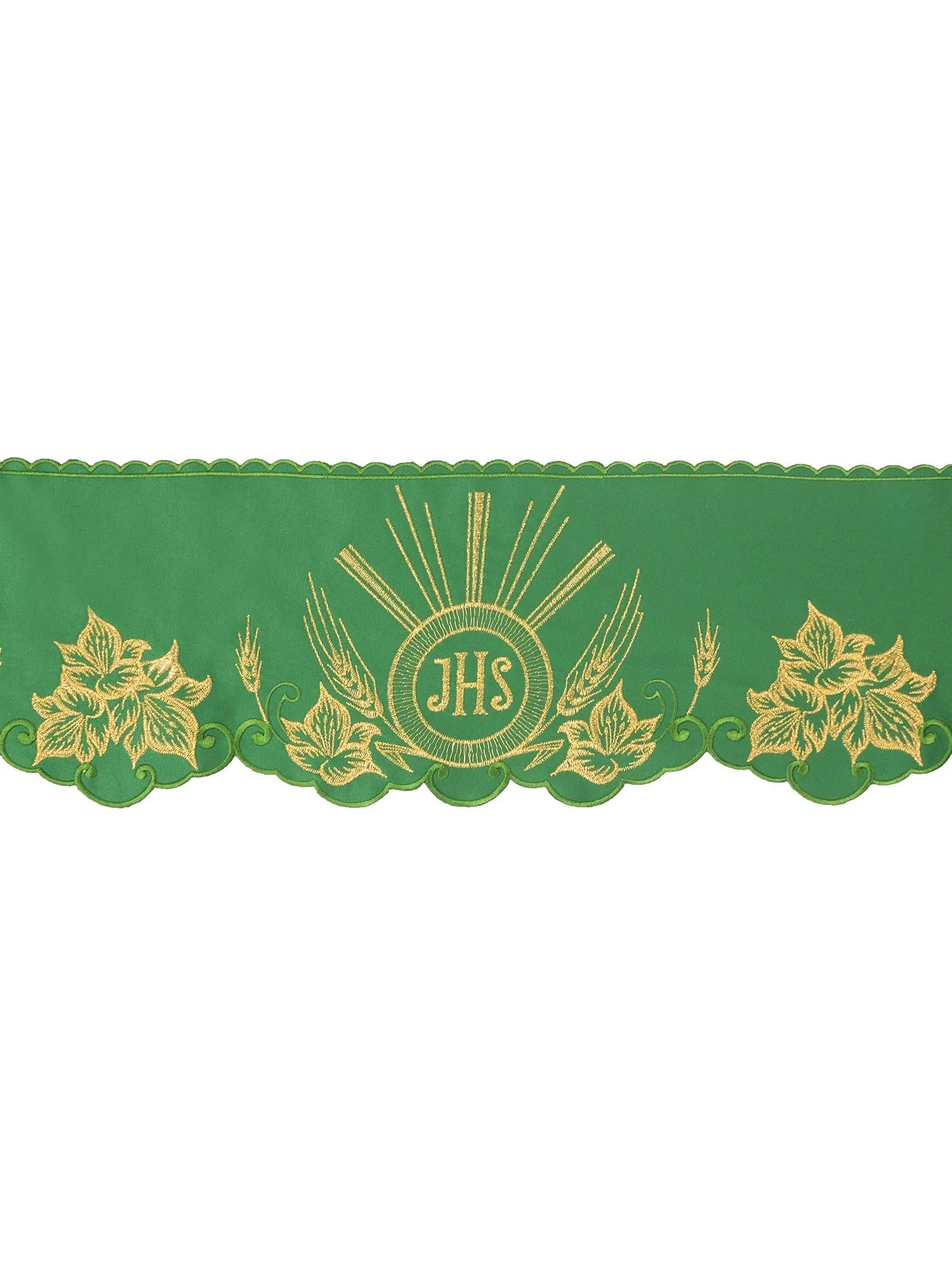 Green altar superfrontal with embroidered gold IHS motif