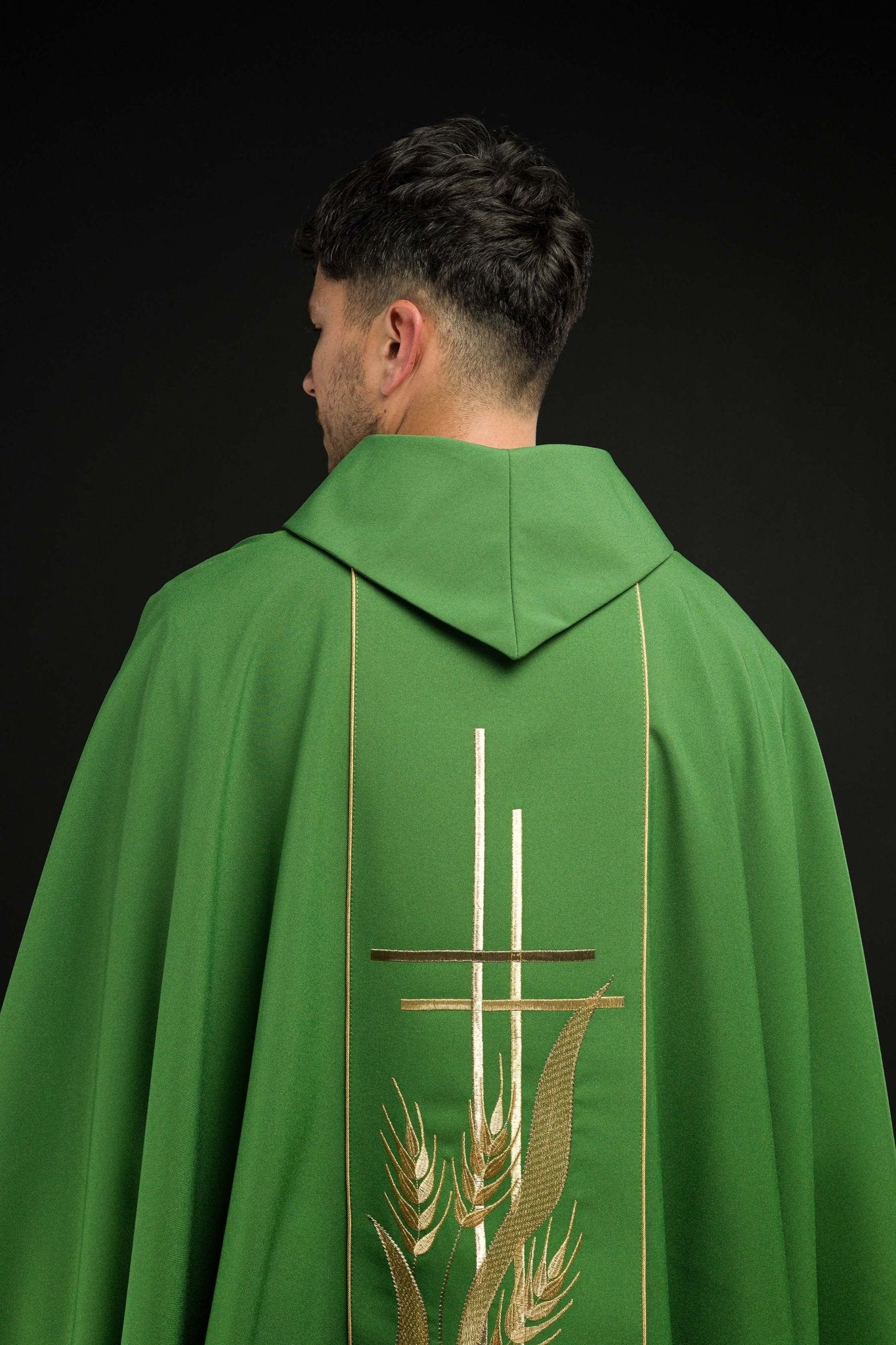 Green chasuble embroidered with motifs of cross and wheat - Image 6