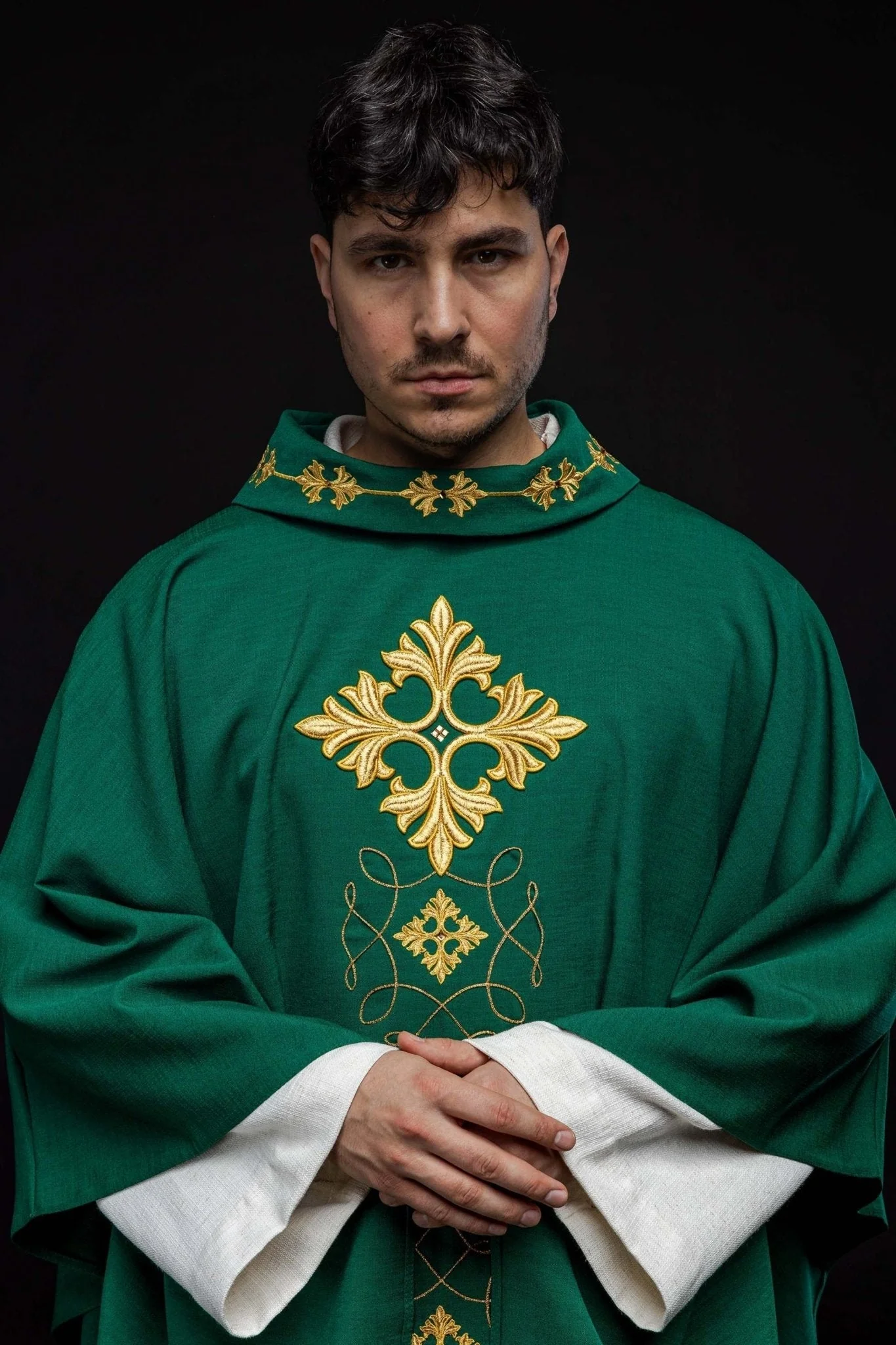 Green chasuble richly embroidered with a cord
