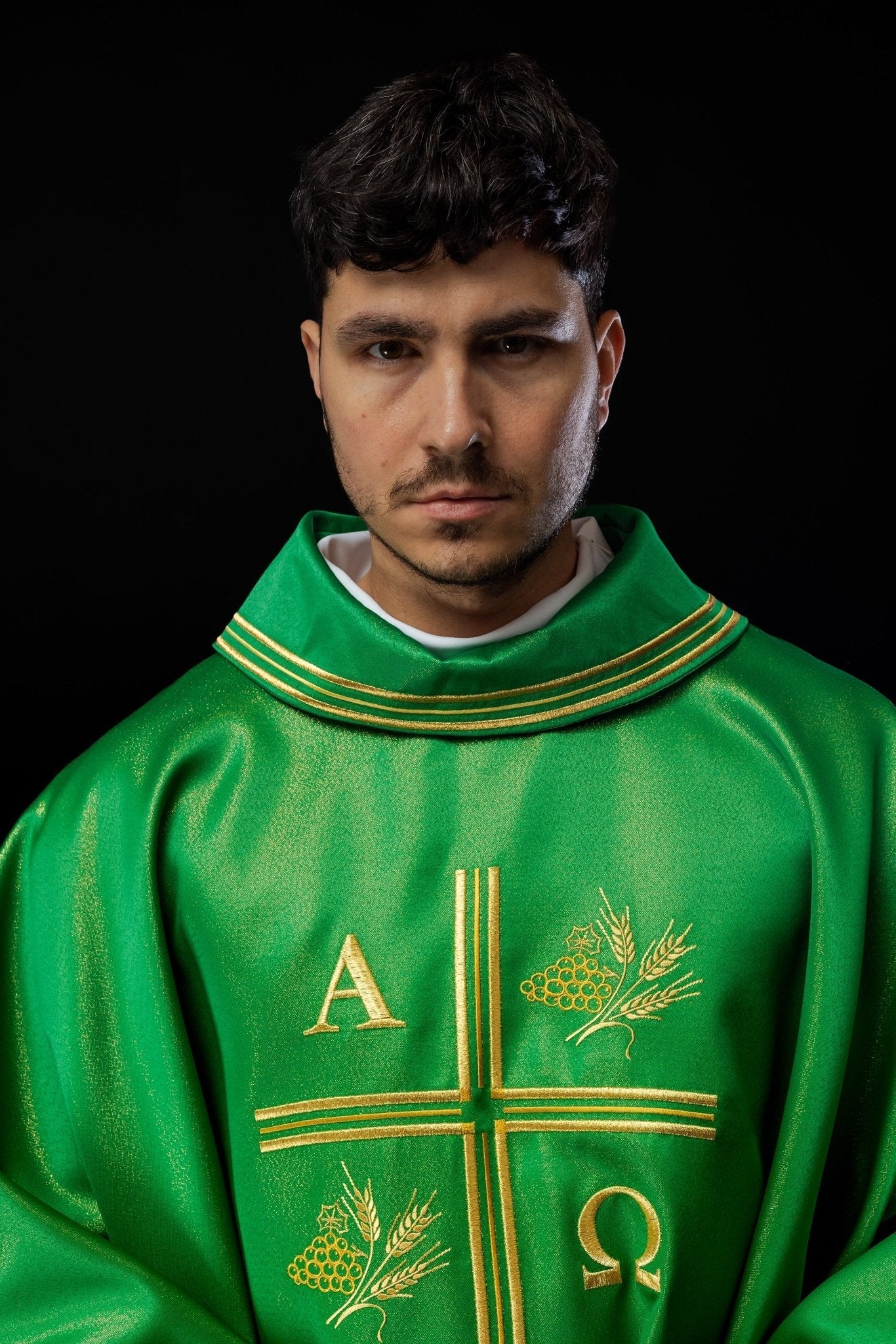 Green chasuble with Alfa and Omega motif with decorated collar